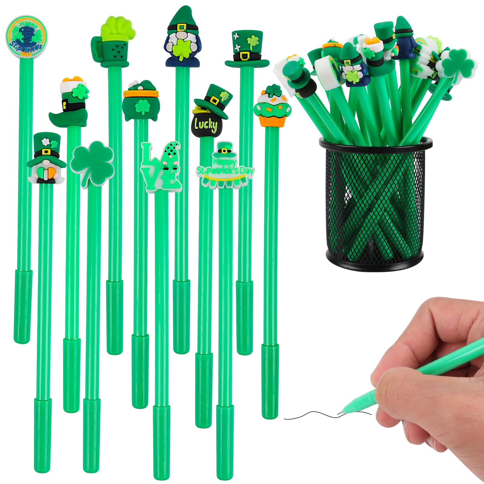 LOKIPA 30 PCS St Patrick's Day Gel Ink Pens Bulk, Black Rollerball Pen Cute Fun Novelty Pens for Students Teacher St. Patrick's Day Gift School Office