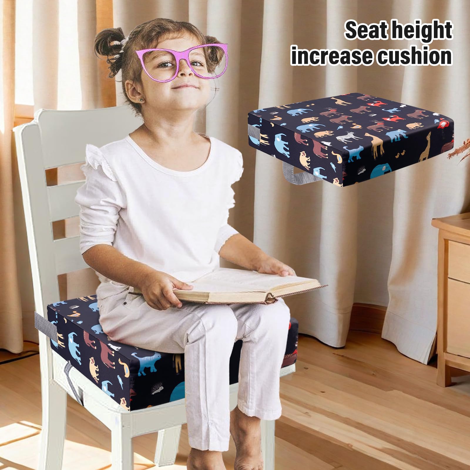 Rialzo da Sedia per Bambini 32x32x8cm Cuscino da Tavolo Cartoon con Cinghie di Sicurezza Nero