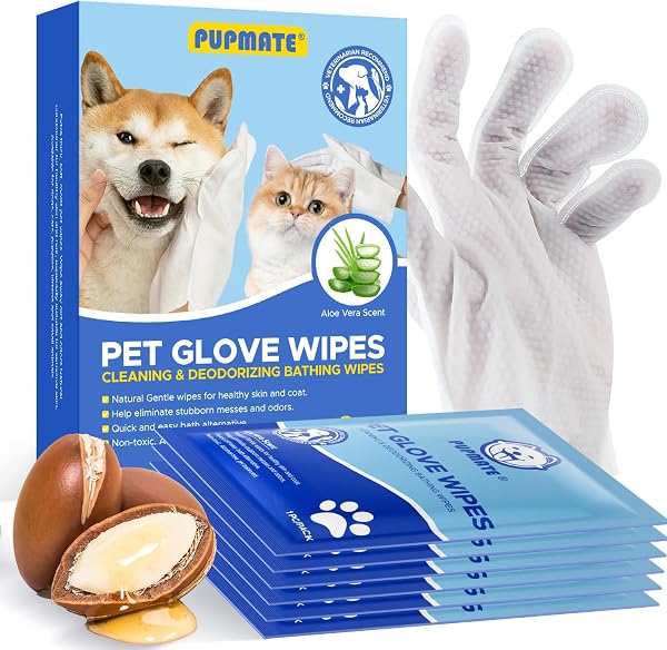 PUPMATE Pet Cleaning Glove Wipes for Dogs & Cats, Hypoallergenic Deodorizing Disposable No-Rinse Grooming Wipes, Extra T