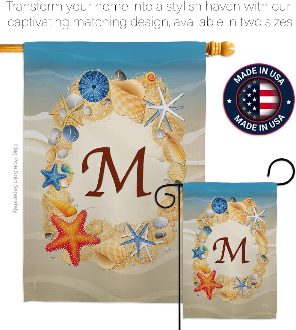 Breeze Decor - Summer M Initial Coastal - Everyday Beach Impressions Decorative Vertical House Flag 28" x 40" Printed in USA