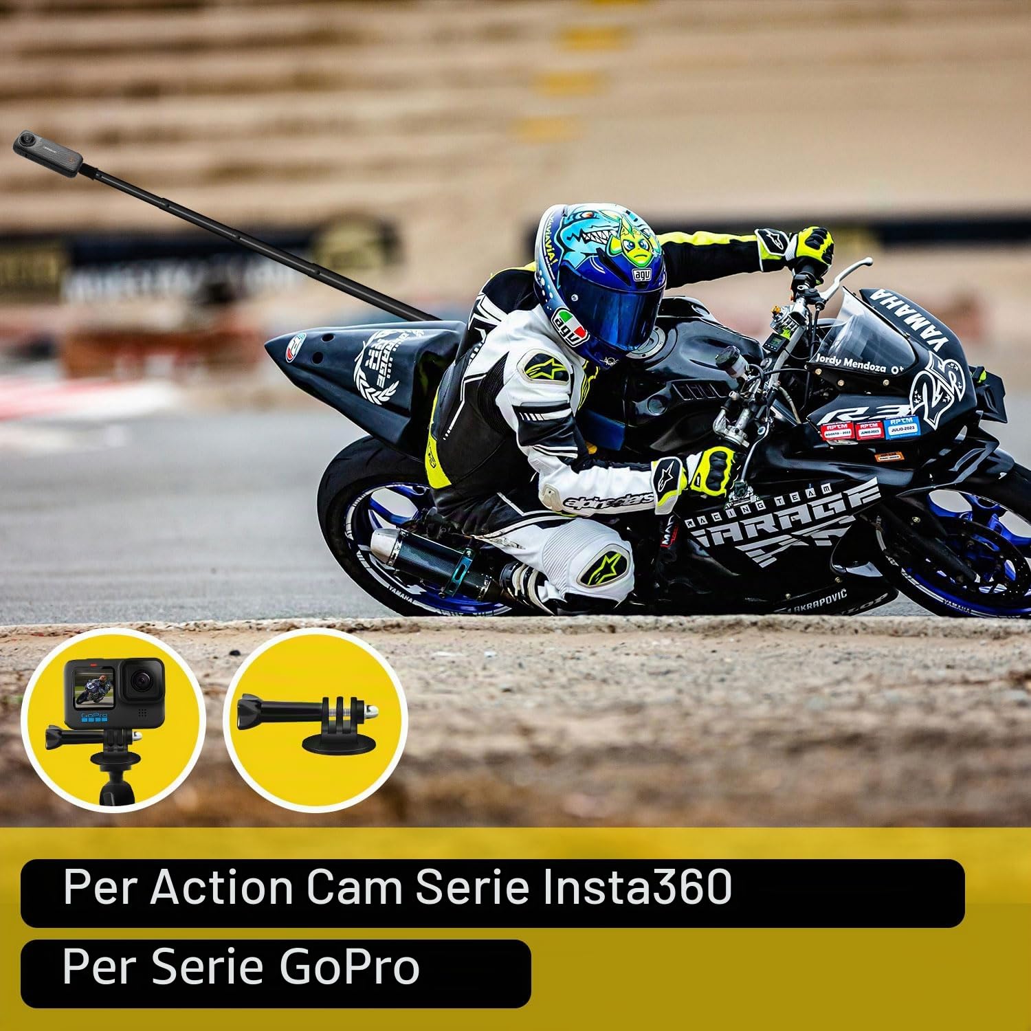 Moto Doppio Morsetto Montaggio Kit 47″Invisibile Bastone compatibile per Insta 360 X5-X RS GO3 Alluminio Impieghi Gravosi Fotografica Bicicletta Morsetto Montaggio compatibile con OSMO Nano 360