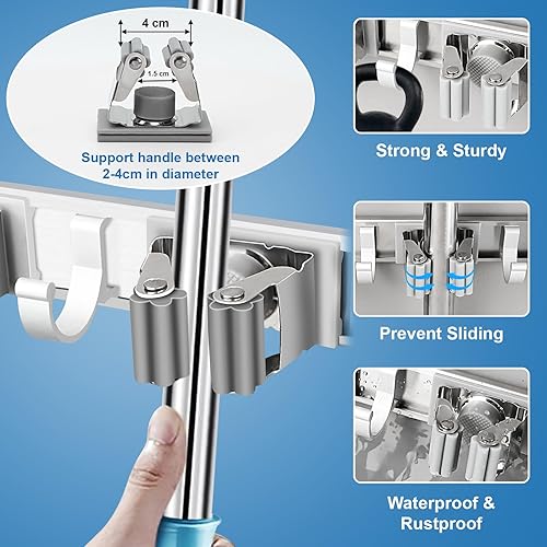 Miniatura 4 de Piyl Soporte de pared para escoba, organizador de metal para almacenamiento de garaje, jardín, cocina, herramientas para el hogar (3 estantes, 4