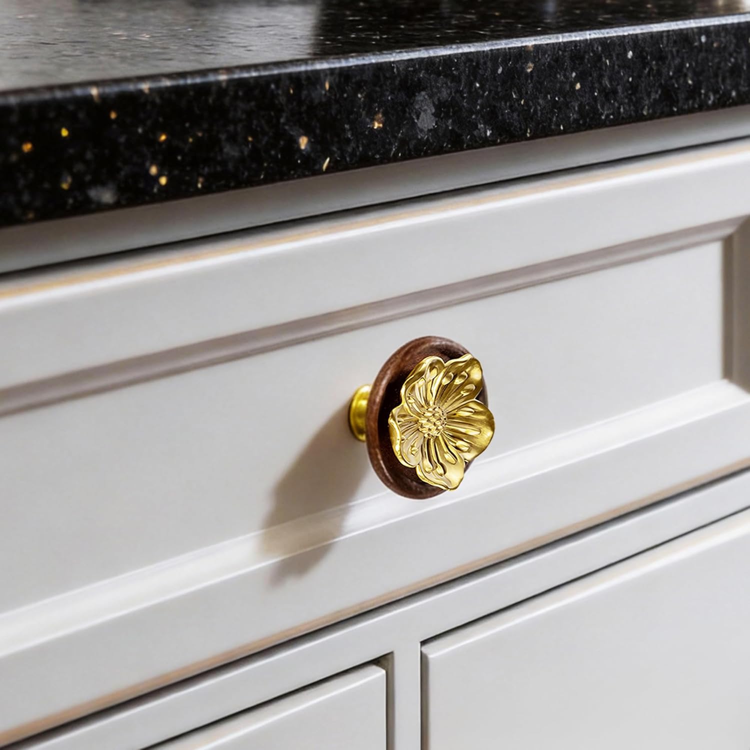 Solid Brass Gold Cabinet Knobs, 2 Inch Oversized Flower Drawer Pulls with Wood Base,4-Pack Modern Dresser Handles for Bathroom Vanity, Kitchen ,Cupboard and Furniture Hardware, Brushed Brass Finish
