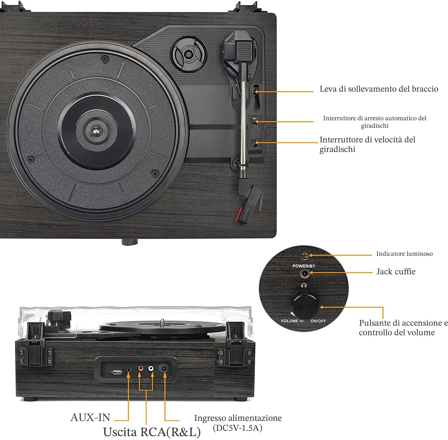 Udreamer Giradischi Bluetooth con Altoparlanti Integrati, Trasmissione a Cinghia, 3 Velocità, Legno Nero