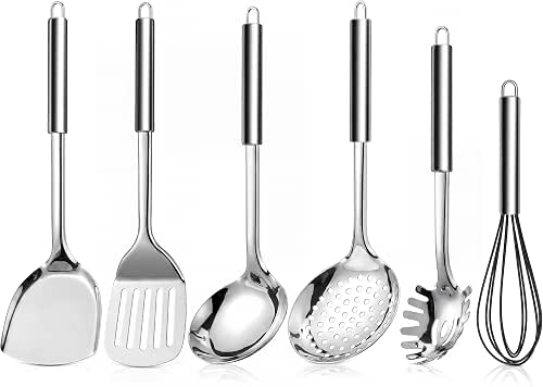 LIANYU 6-Piece Stainless Steel Cooking Utensils Set, Metal Kitchen Tools