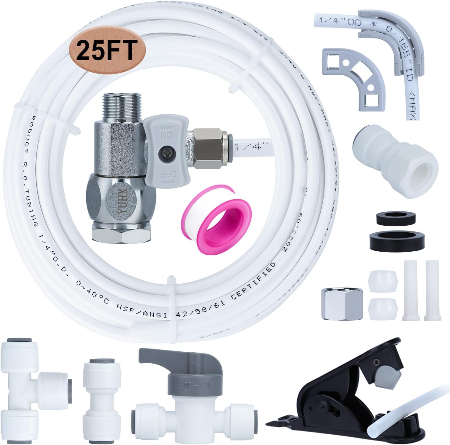 Refrigerator Water Line Kit Connection and 1/4 Compression Ice Maker Installation Kit,1/4" OD Tubing with Quick Connect for Fridge IceMaker RO Systems Water Filters Faucet,+Feed Water Adapter 25ft
