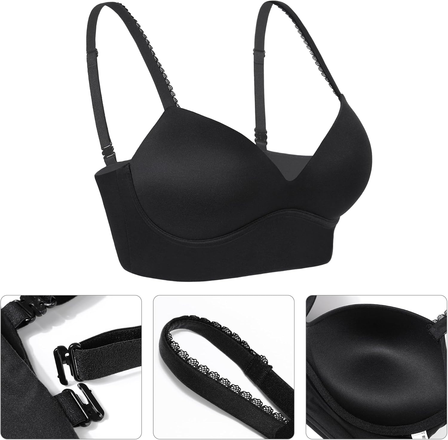 Lemorosy Women's Push Up Wireless Padded Pullover Lace Plunge Multiway Comfortable T-Shirt Longline Bra - Image 6