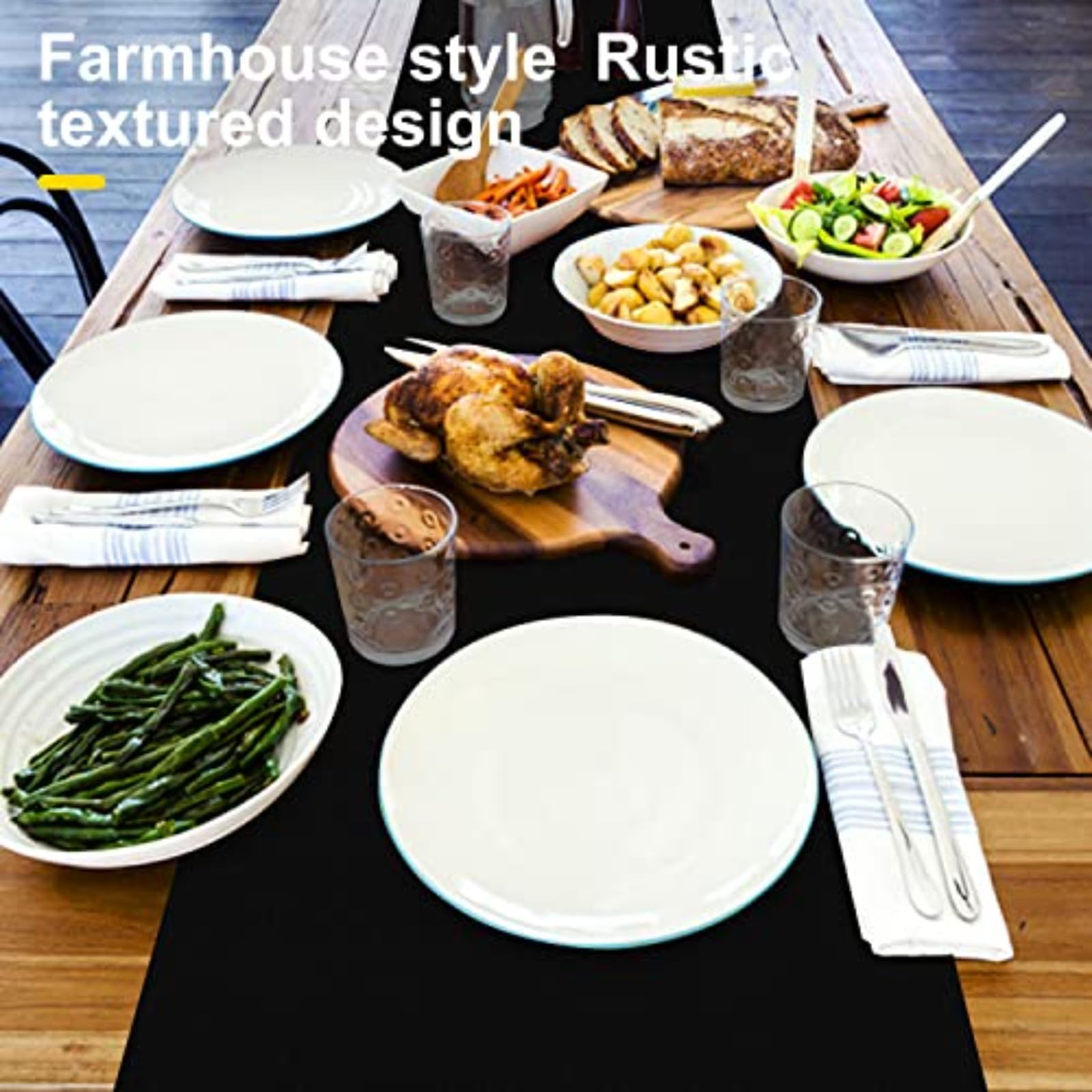 Runner da tavolo impermeabile, lavabile, spesso, per comò, runner rustico, per cucina, sala da pranzo, camera da letto, soggiorno, interni ed esterni (275cm, nero)