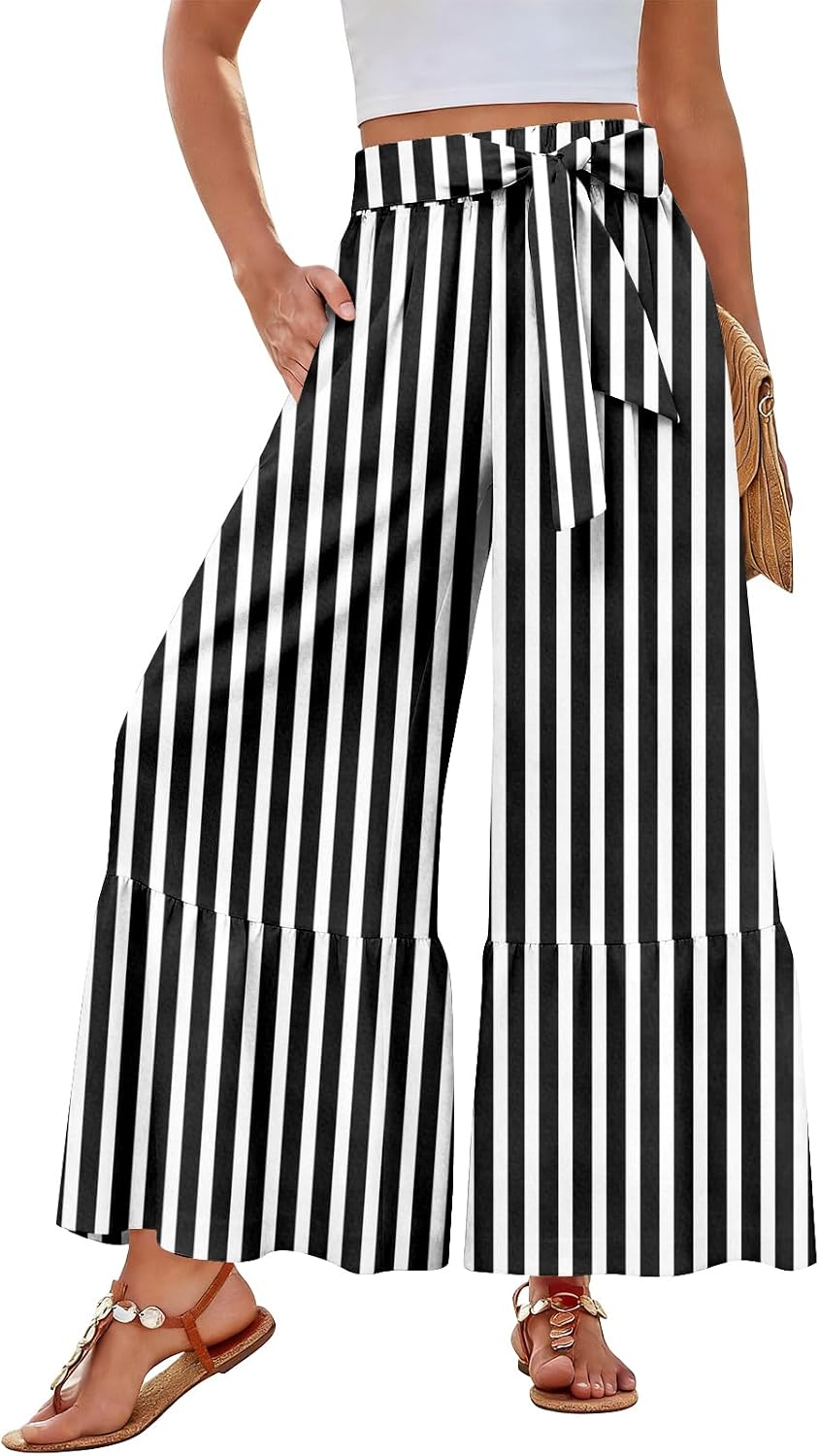 Pants for Women Boho Going Out Summer Casual Outfits Baggy Wide Leg Elastic Waist Trousers Palazzo Flowy Ruffled Sweatpants