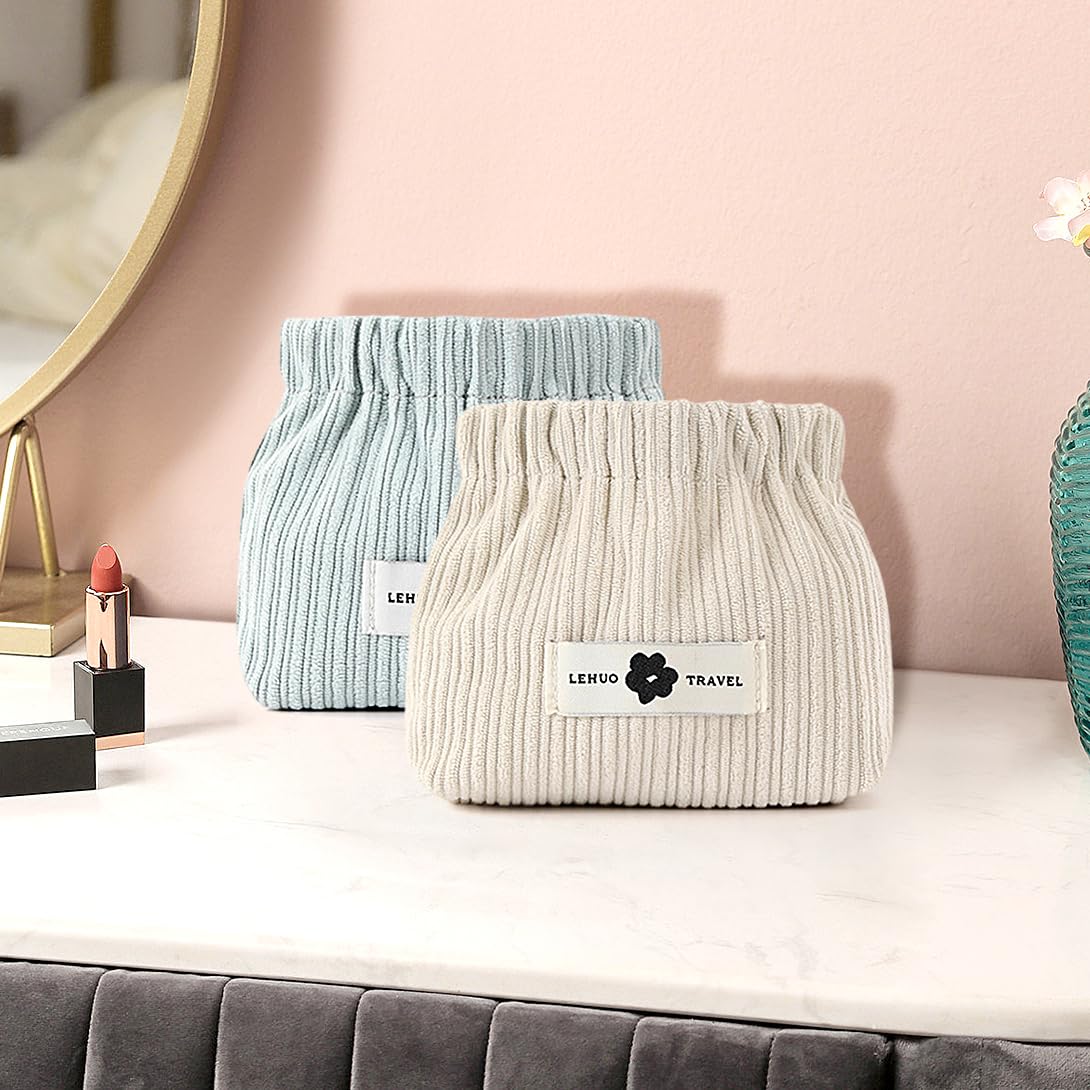 Koonafy 2pcs Corduroy Elastic Hair Tie Organizer Portable Travel Small Makeup Pouch Corduroy Lipstick Storage Bag for Hair Jewelry Lipstick Coin Purse for Women(Blue+White) - Image 3