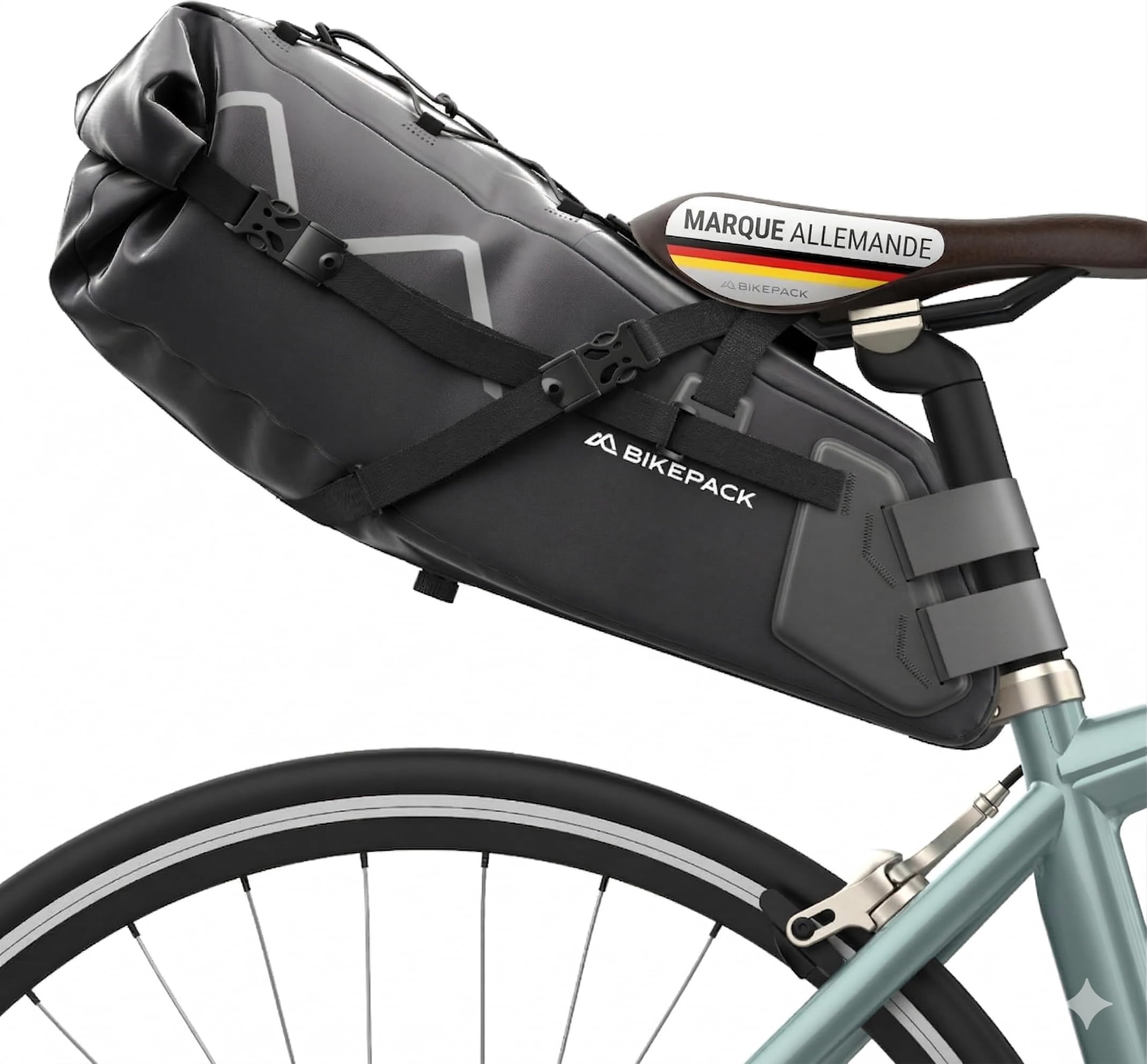 BIKEPACK Sacoche de Selle Vélo 15L Étanche - Bikepacking Gravel Route VTT | Sacoche vélo sans porte-bagages: rolltop 100% étanche, fixation sans outil, sacoche bikepacking pour gravel, route et VTT