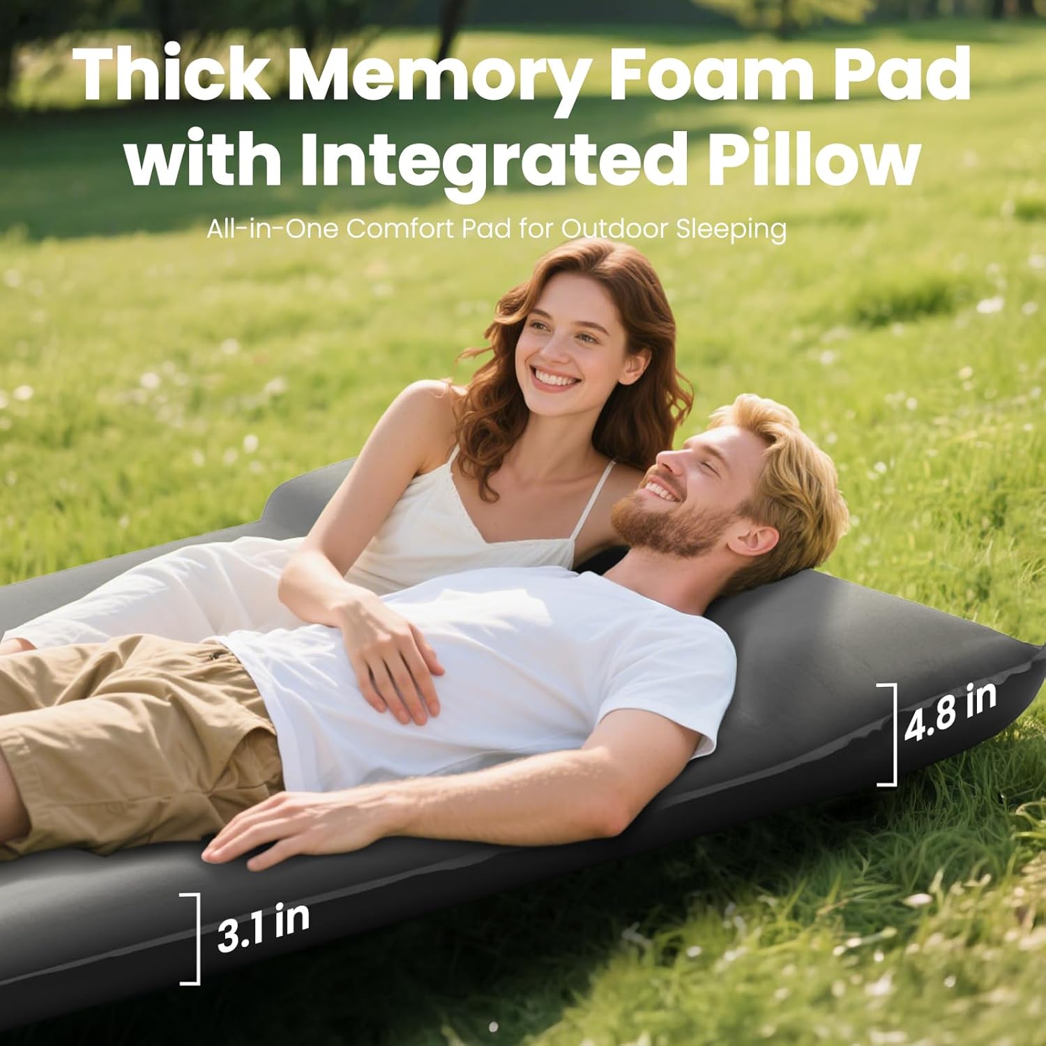 Double Camping Sleeping Pad with Electric Pump, 3.15" Thick 2 Person Self Inflating Memory Foam Mattress Pad with Pillow, Portable Sleeping Mat for Travel, Car, Tent, Home - Grey, Full Size