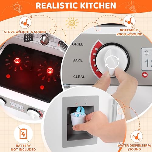 Miniatura 6 de Juego de cocina para niños, juego de juguetes de madera con diseño realista, sonidos de luces, ollas y utensilios para niños y niñas a partir de 3