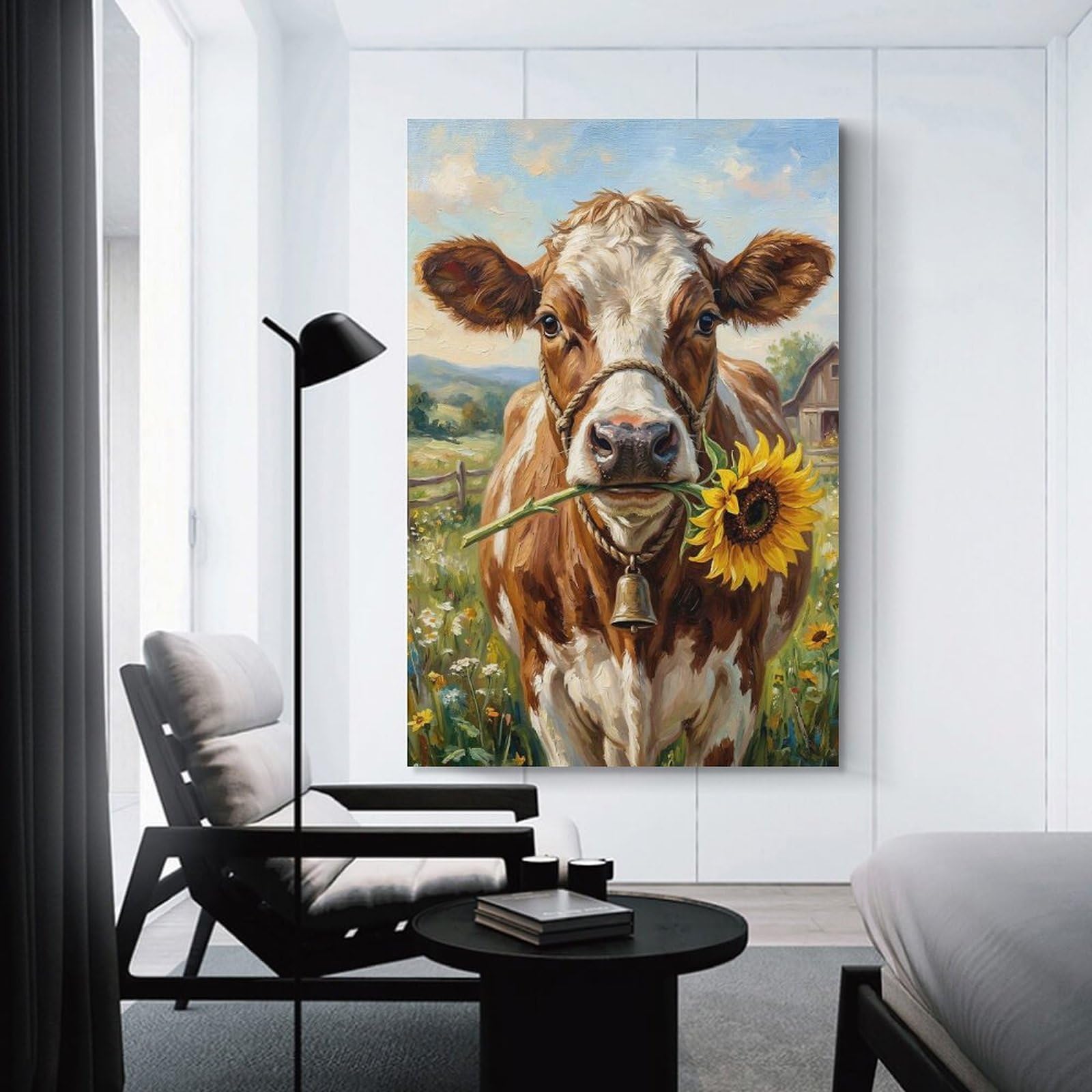 Junmoney Cow Holding Sunflower in Field Wall Decor Canvas Print, 20x30inch(50x75cm), for Small Homes, Bedrooms Or Open Spaces, Wall Decor with Flexible Room Appeal