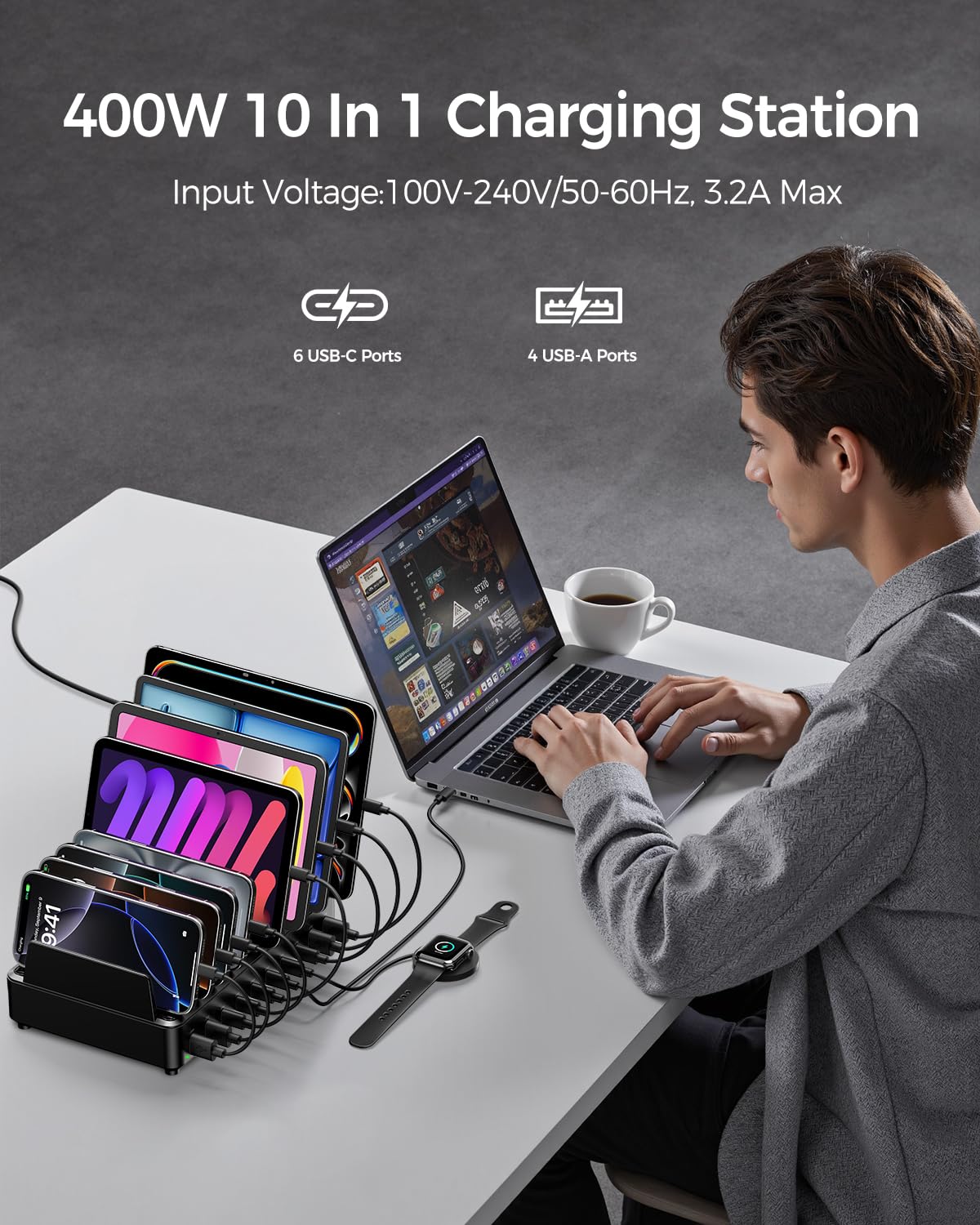 Rocoren Estación de carga de 400 W para múltiples dispositivos, 10 puertos doble PD 100 W USB C estación de carga con 6 cables, organizador multidispositivo, base de carga rápida para MacBook, iPad