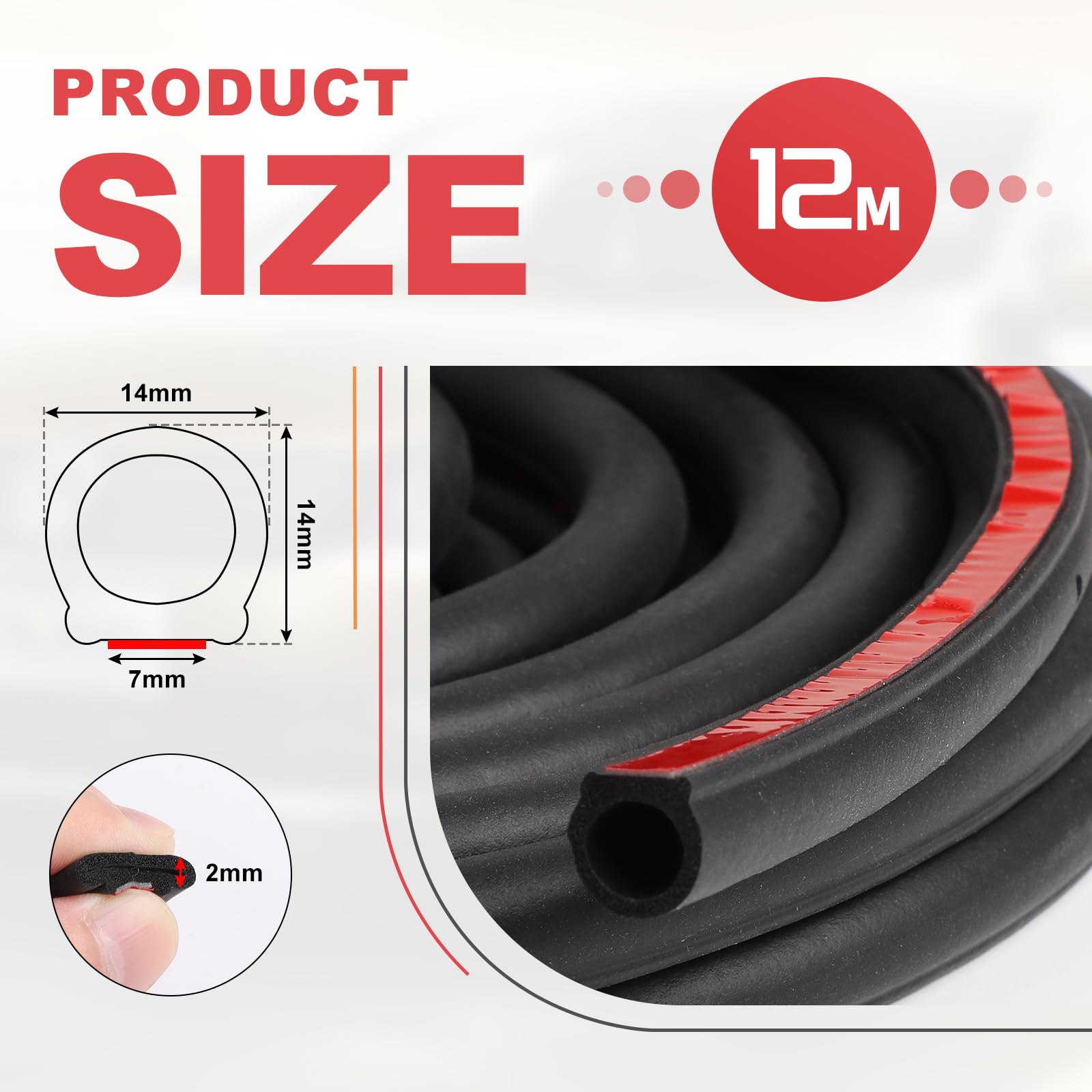 EFUTURETIME 12M Guarnizione per Sportelli Auto 14mm X 14mm, Guarnizione Porta Auto Gomma Adesiva Universale in Forma di D per Auto, Furgoncino, Camper e SUV