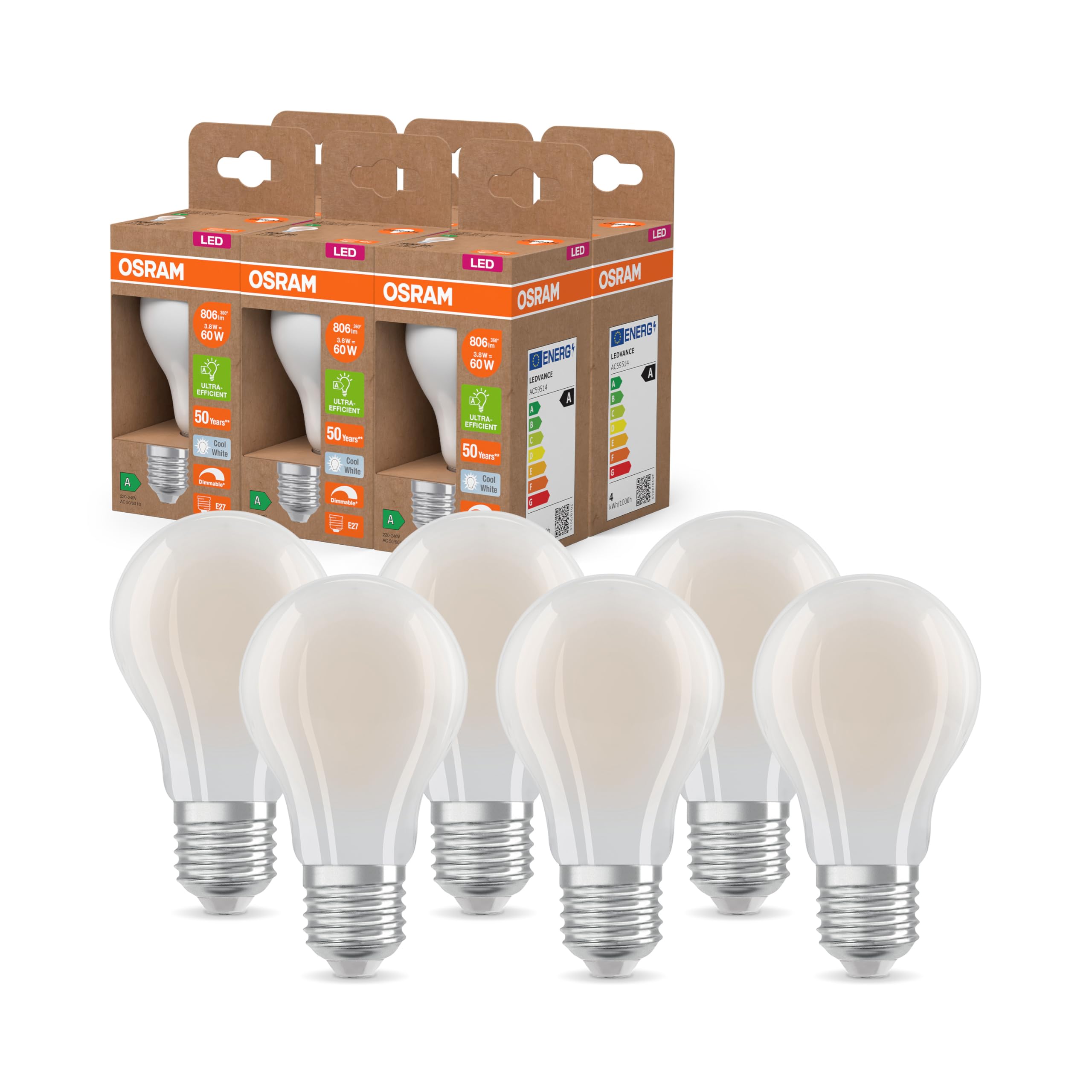 Osram Energy Class LED-Lampe in klassischer Kolbenform, 3.8 W / 806 lm, EEK A, kaltweißes Licht (4000 K), CRI 80, aus gefrostetem bleifreiem Glas, E27 Sockel, IP20, 60mm DM,6-Pack