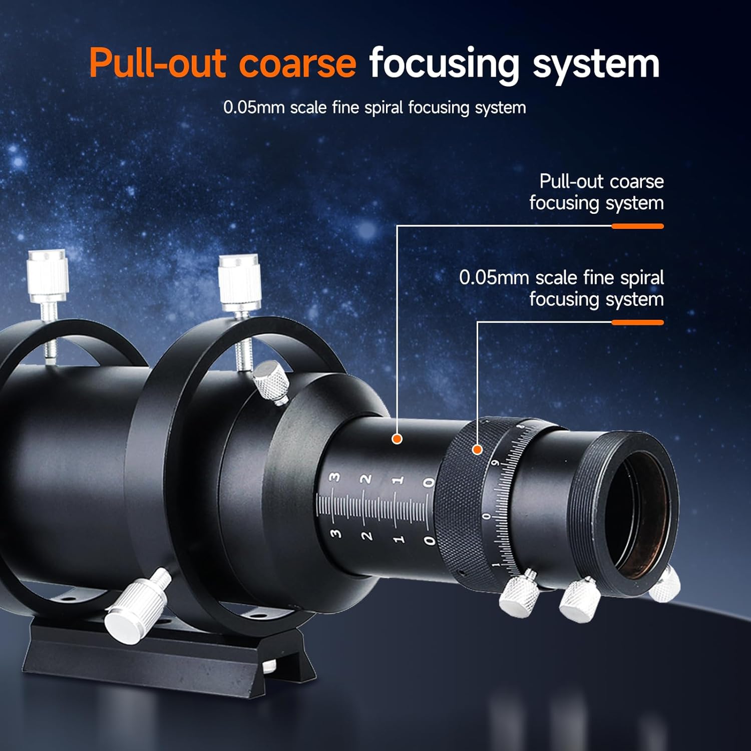 Detailed view of the SVBONY SV106 guidescope's helical focuser with coarse and fine adjustment scales.