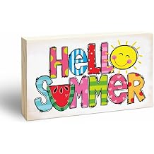 Nuckxy Hello Summer Wooden Block Sign - 4 X 6 Pine Wood Plaque, Home & Office Decorations, Housewarming Gift, Table, Shelf, Desk Decor & Accessories - A09