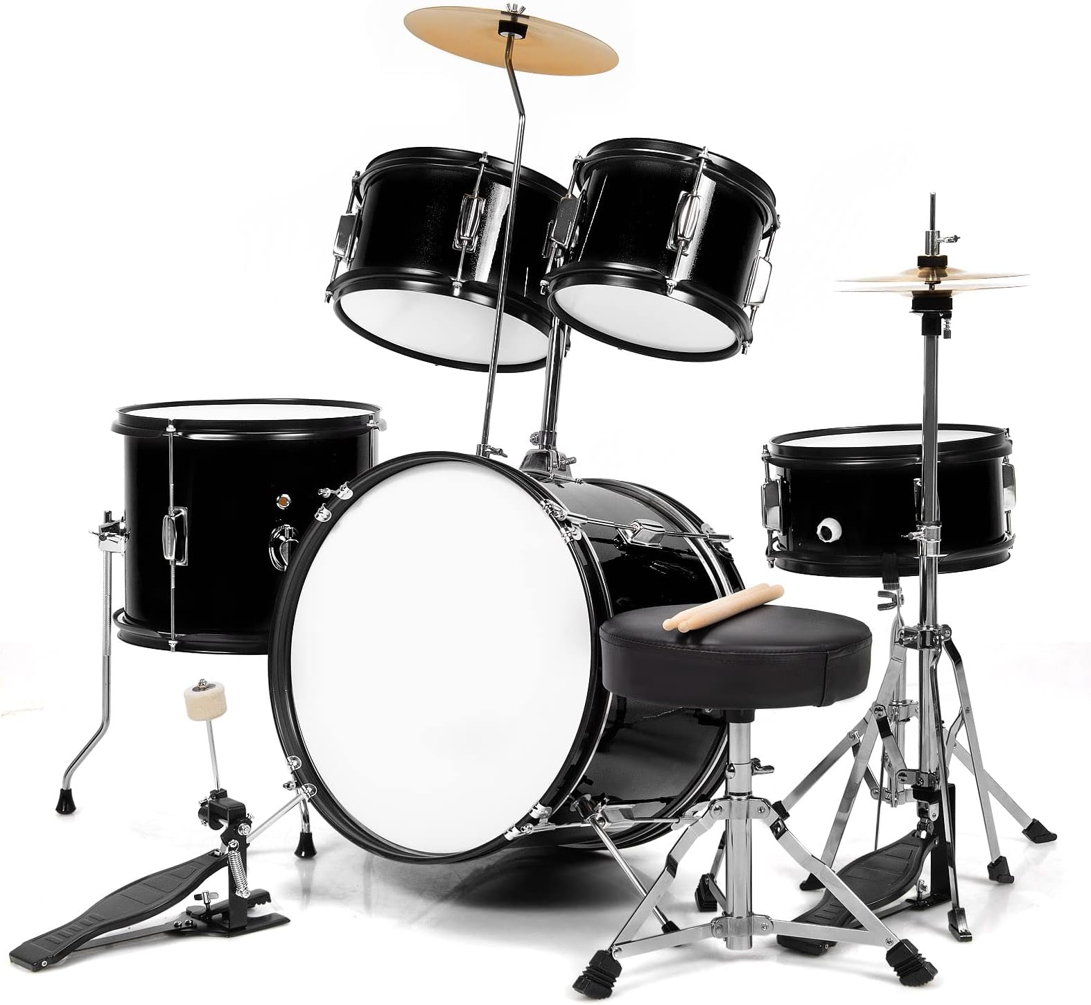 COSTWAY Kids Drum Kit, 5 Piece Junior Drum Set with Cymbals, Pedal, Drumsticks & Adjustable Stool, Teens Musical Percussion Instrument for Boys Girls (Black)