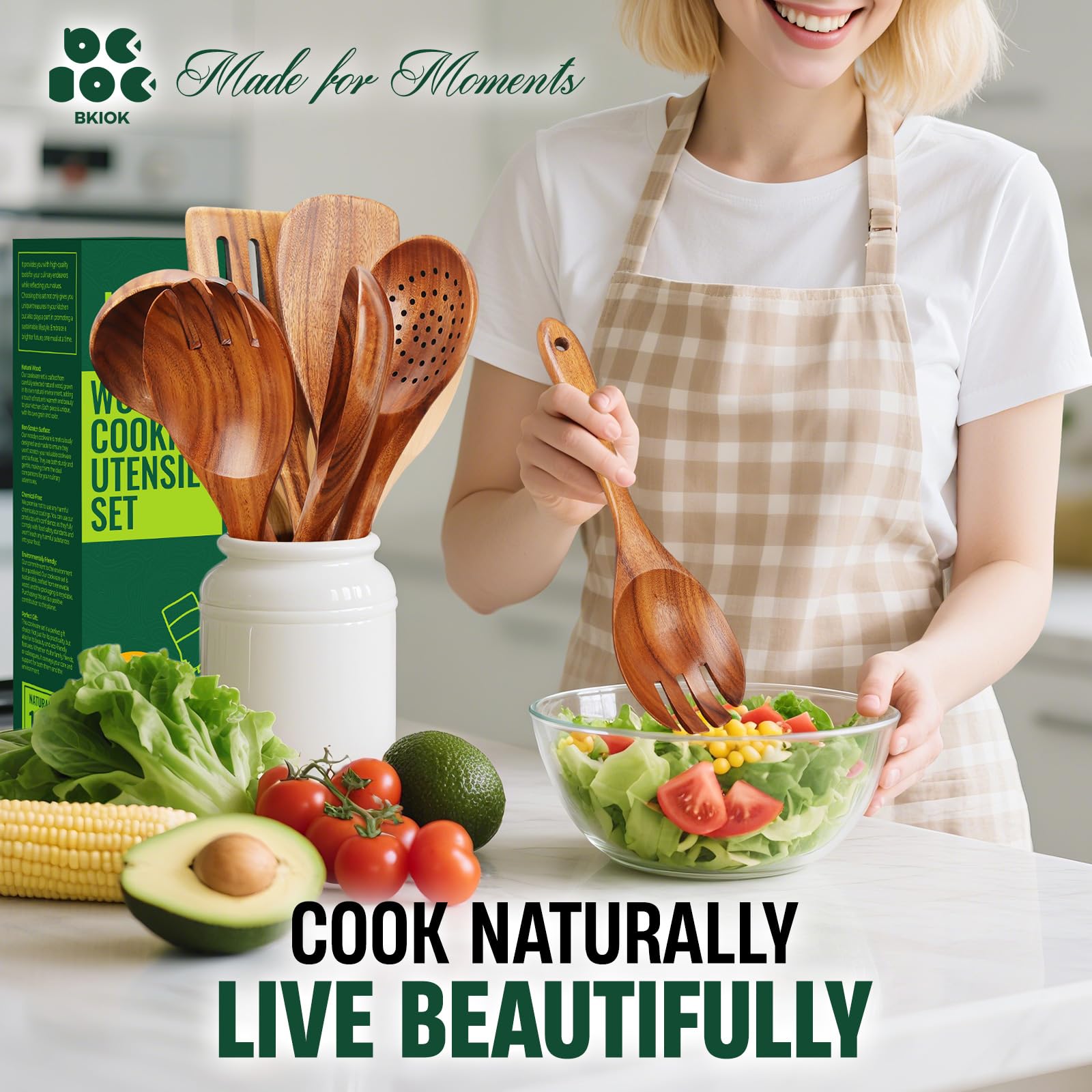 Bkiok Holzlöffel zum Kochen, handgefertigtes Holzutensilien-Set, natürliches Teakholz, Antihaft-Kochlöffel für die Küche (6 Stück)