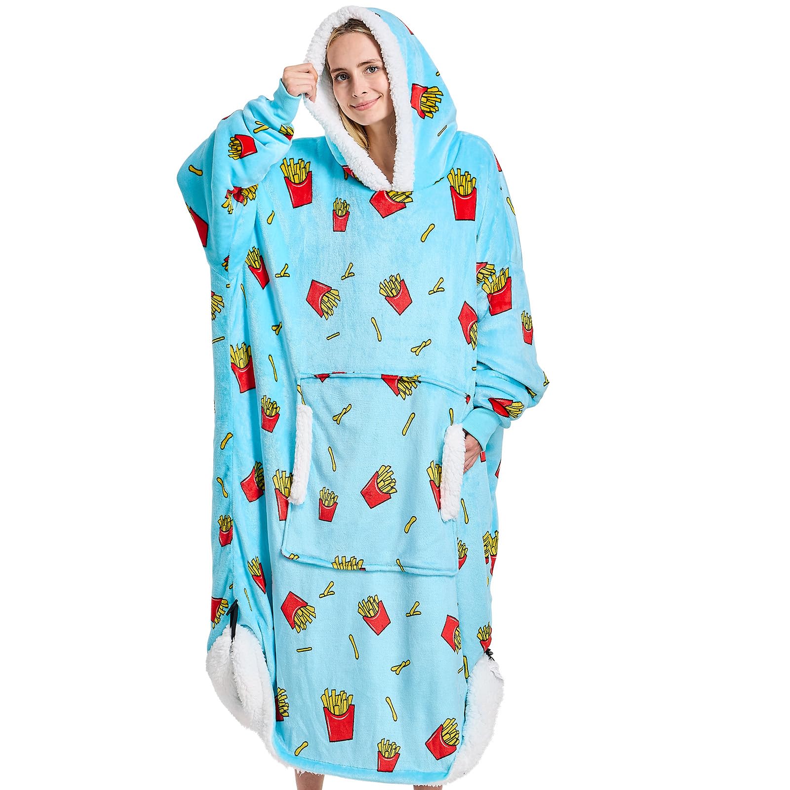 yescool Wearable Blanket Hoodie - birthday gifts for Adults/Women/mom, Flannel Cozy Sherpa Fleece Blanket Sweatshirt with Hood, Pocket & Sleeves, Large, One Size Fits All (Fries)