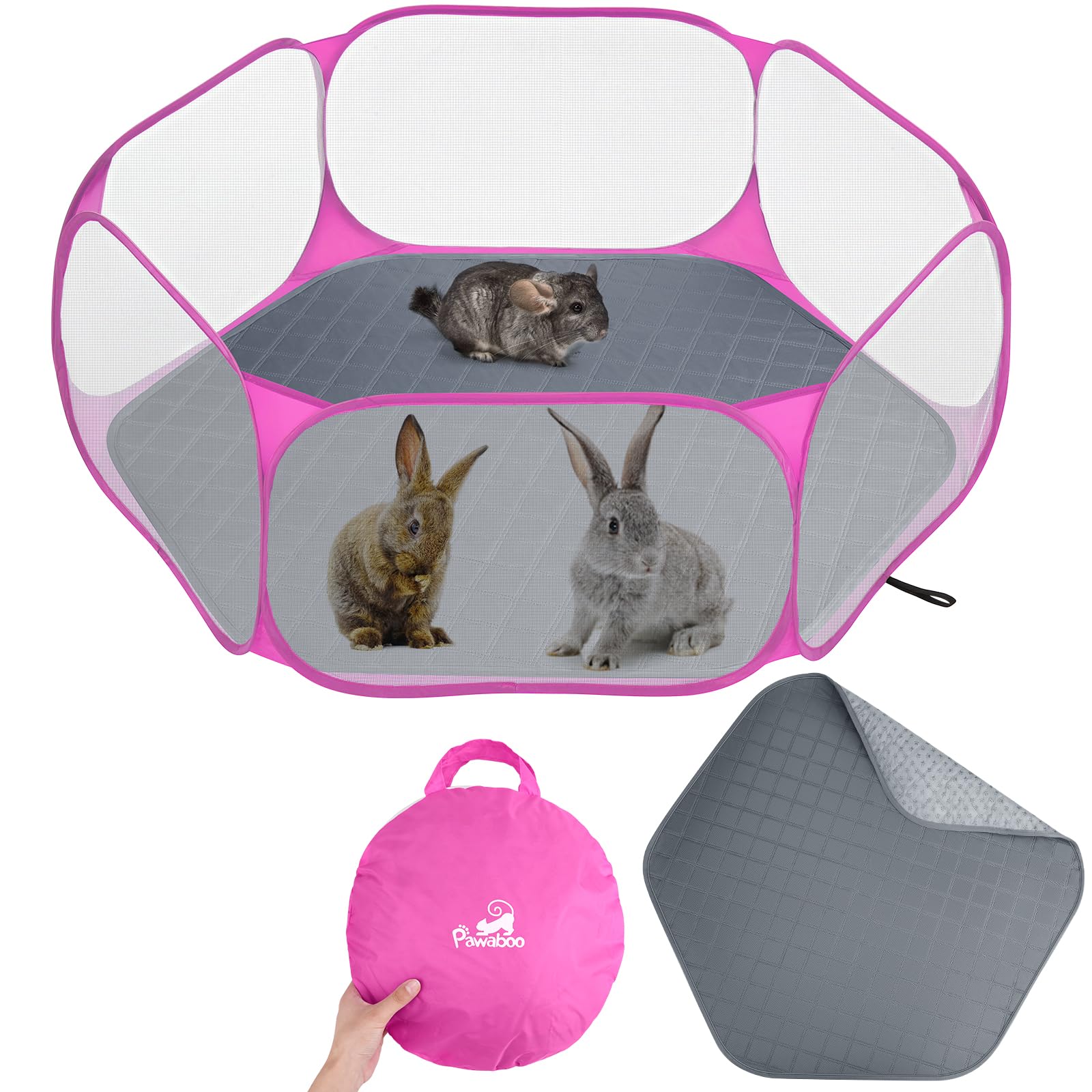 Pawaboo Small Animals Playpen with Pad, Waterproof Small Pet Cage Tent with Reusable Pad, Portable Outdoor Yard Fence for Chick/Kitten/Puppy/Guinea Pig/Rabbits/Chinchillas, Pink + Gray โ image 1