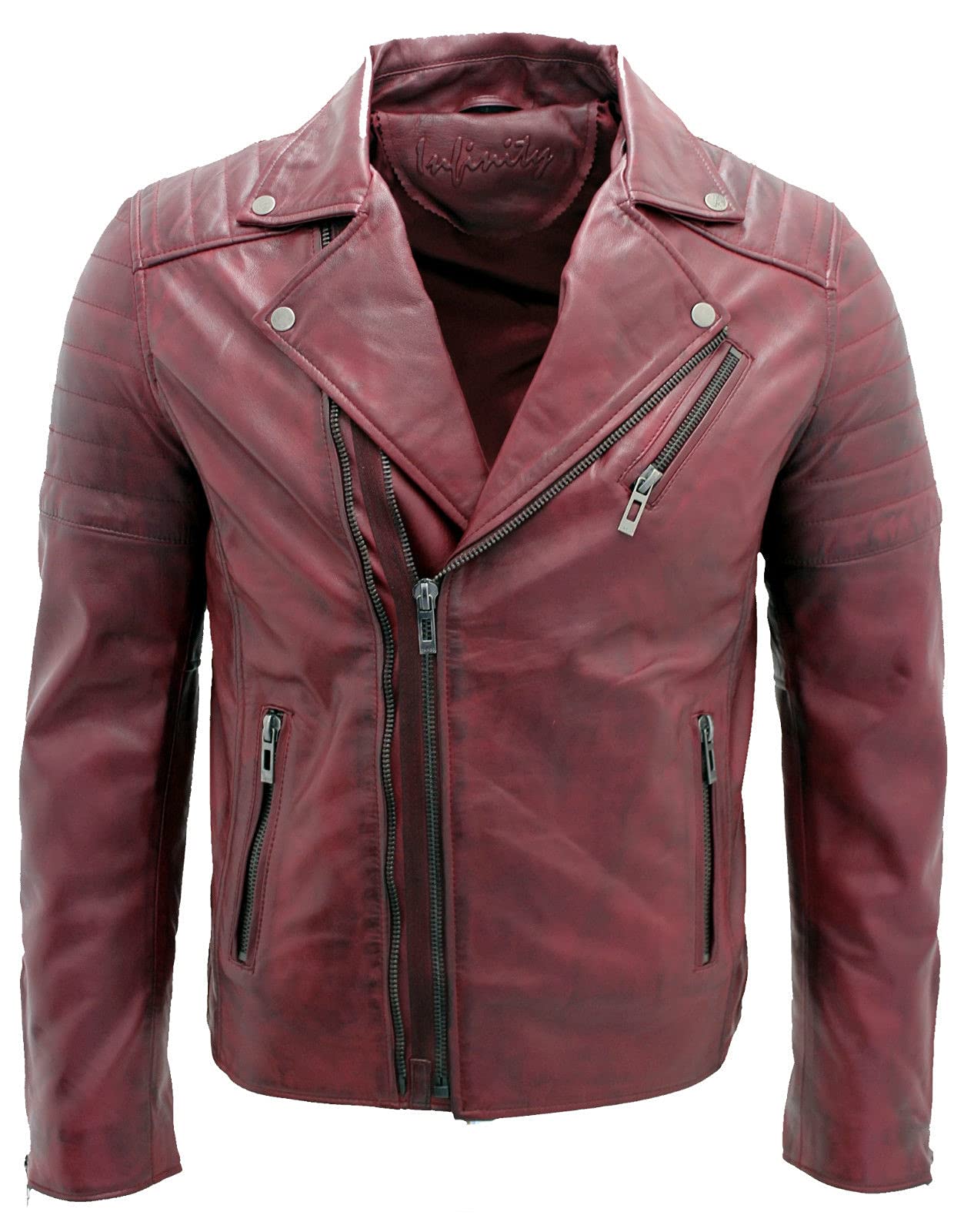 Infinity Leather Giacca da Uomo in 100% Pelle con Doppia Zip Incrociata Stile Motociclista Brando Slim Fit