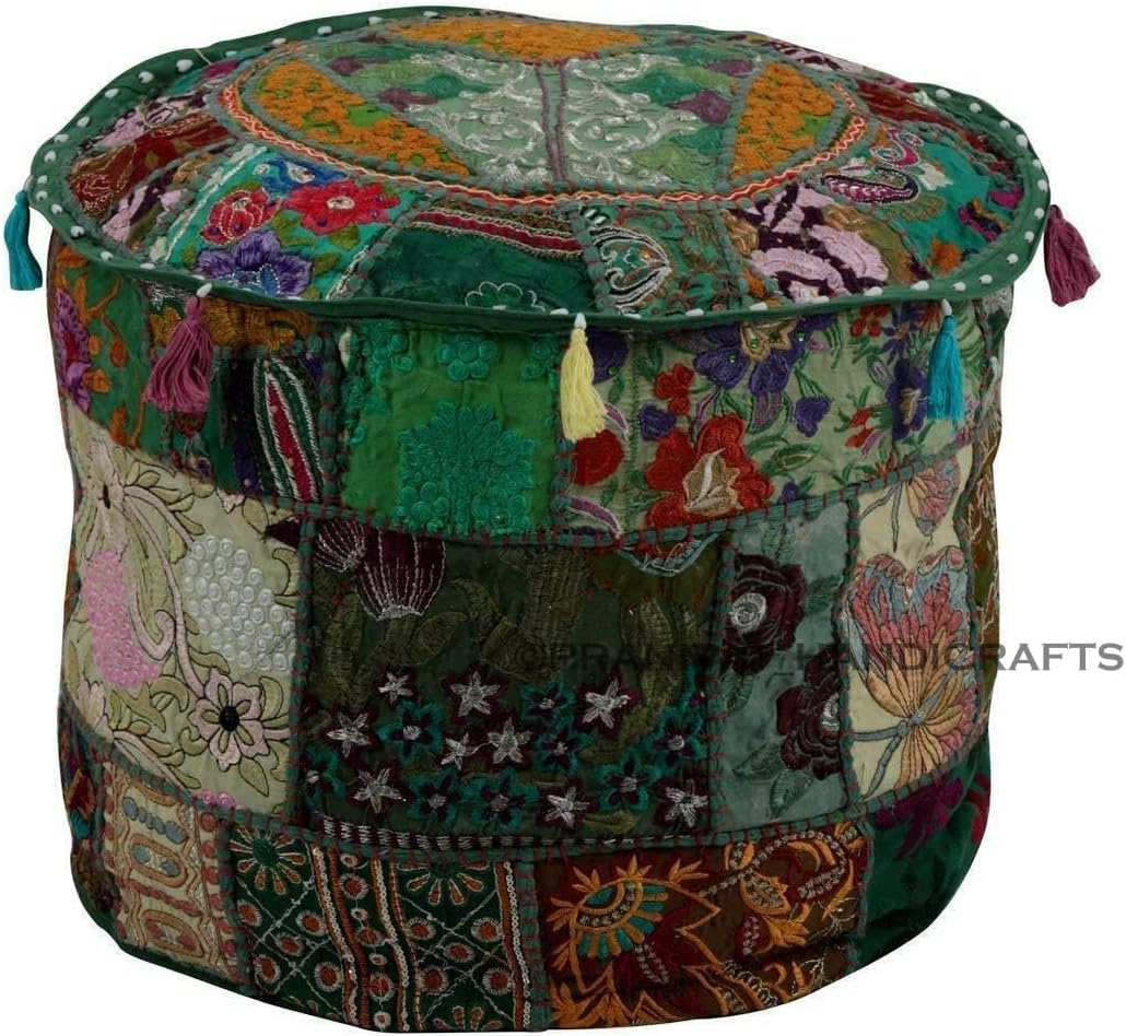 Vintage Patchwork 22" inch Round Ethnic Pouf Cover Ottoman Stylish Footstool Embroidered Mudda Cover (Red)