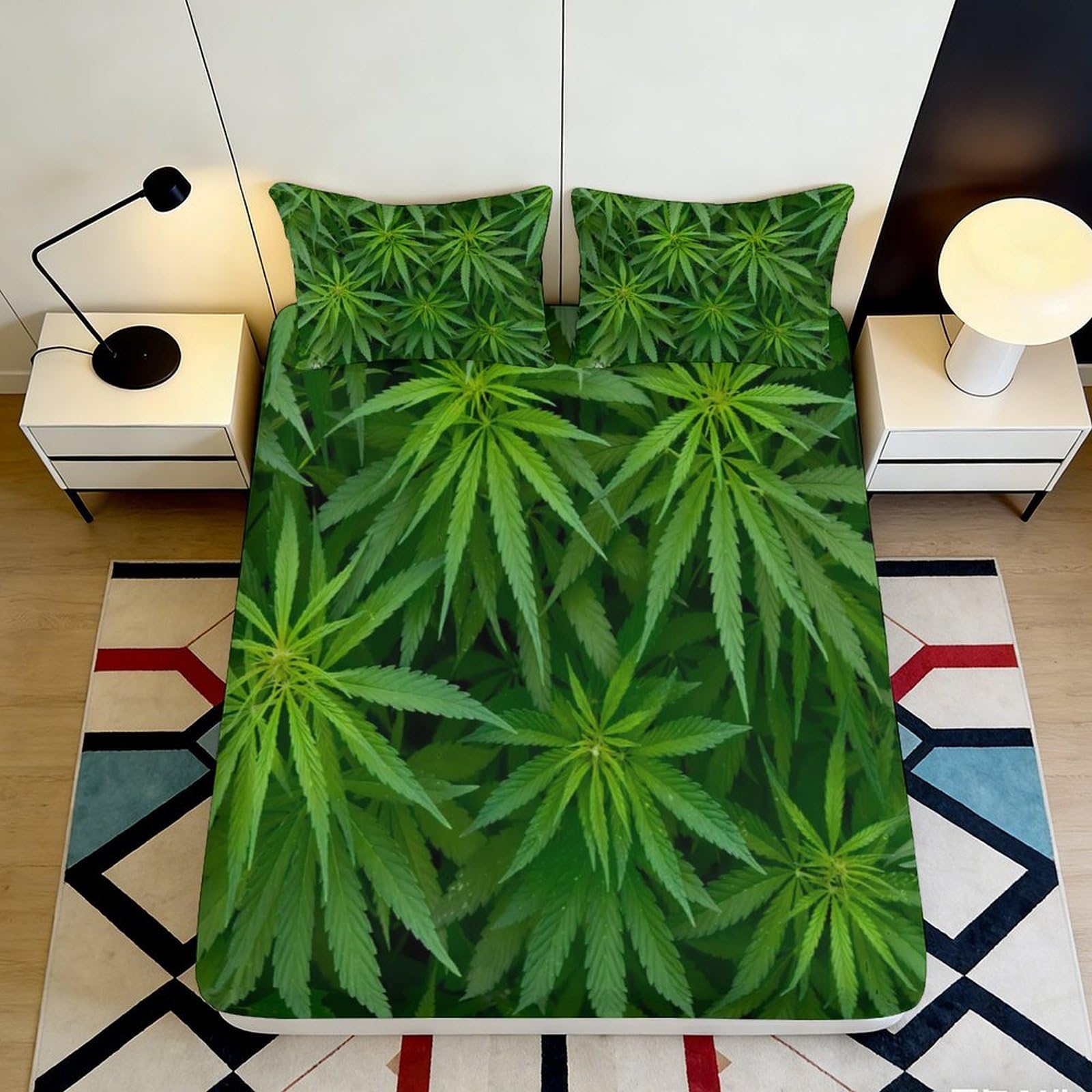 Pnayamiorkfel Style-1 3D Printed Green Cannabis Leaf Fitted Sheet Microfiber Soft Breathable Marijuana Pattern Mattress Cover For Bedroom Dorm Decor 90X200x25cm