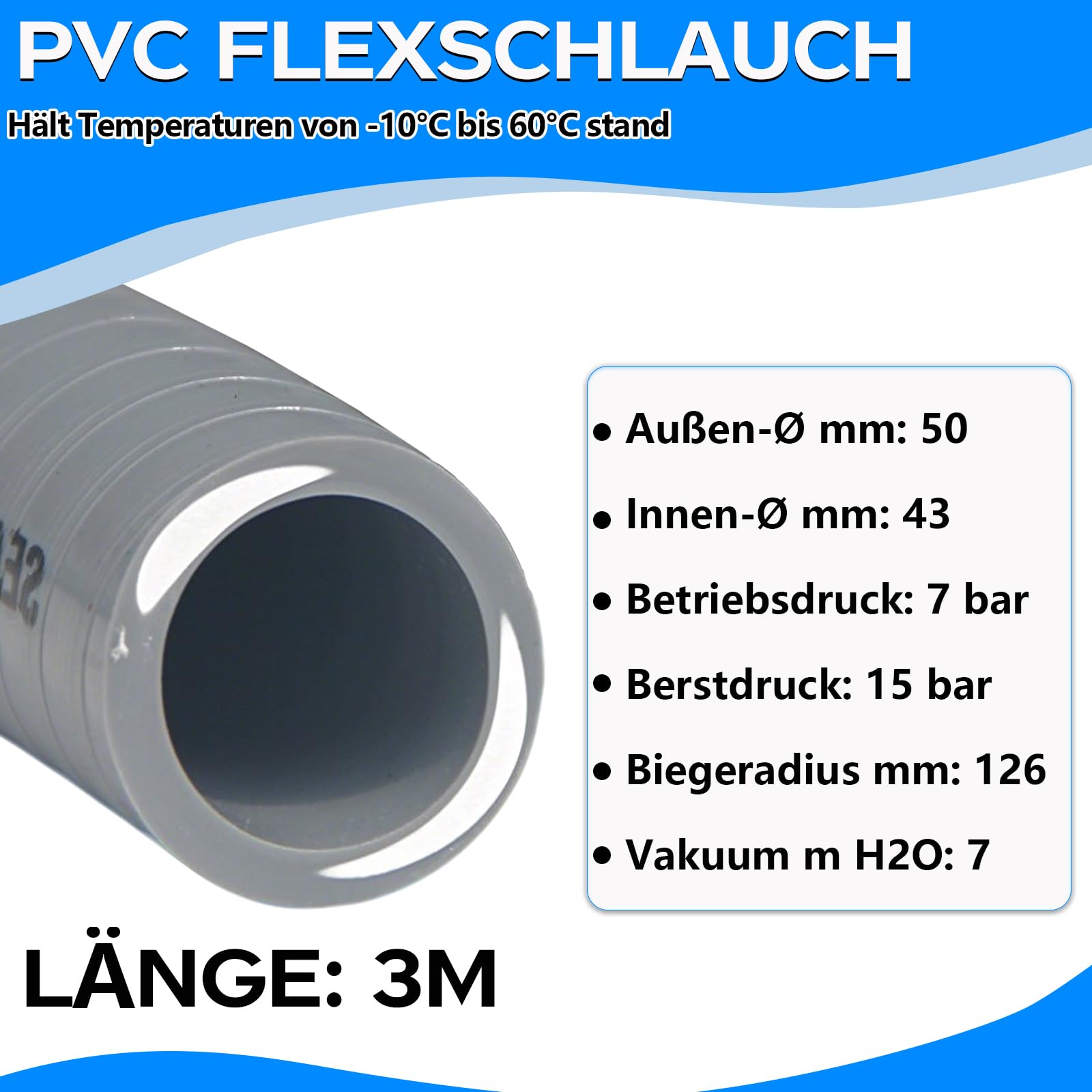 Warmfay PVC Flexschlauch 3M, Ø 50mm | 7 Bar Arbeitsdruck | PVC Druckschlauch Flexibel & Teilbar | Klebeschlauch für Schwimmbad Pool & Teich | Hochwertig, Langlebig & Druckfest