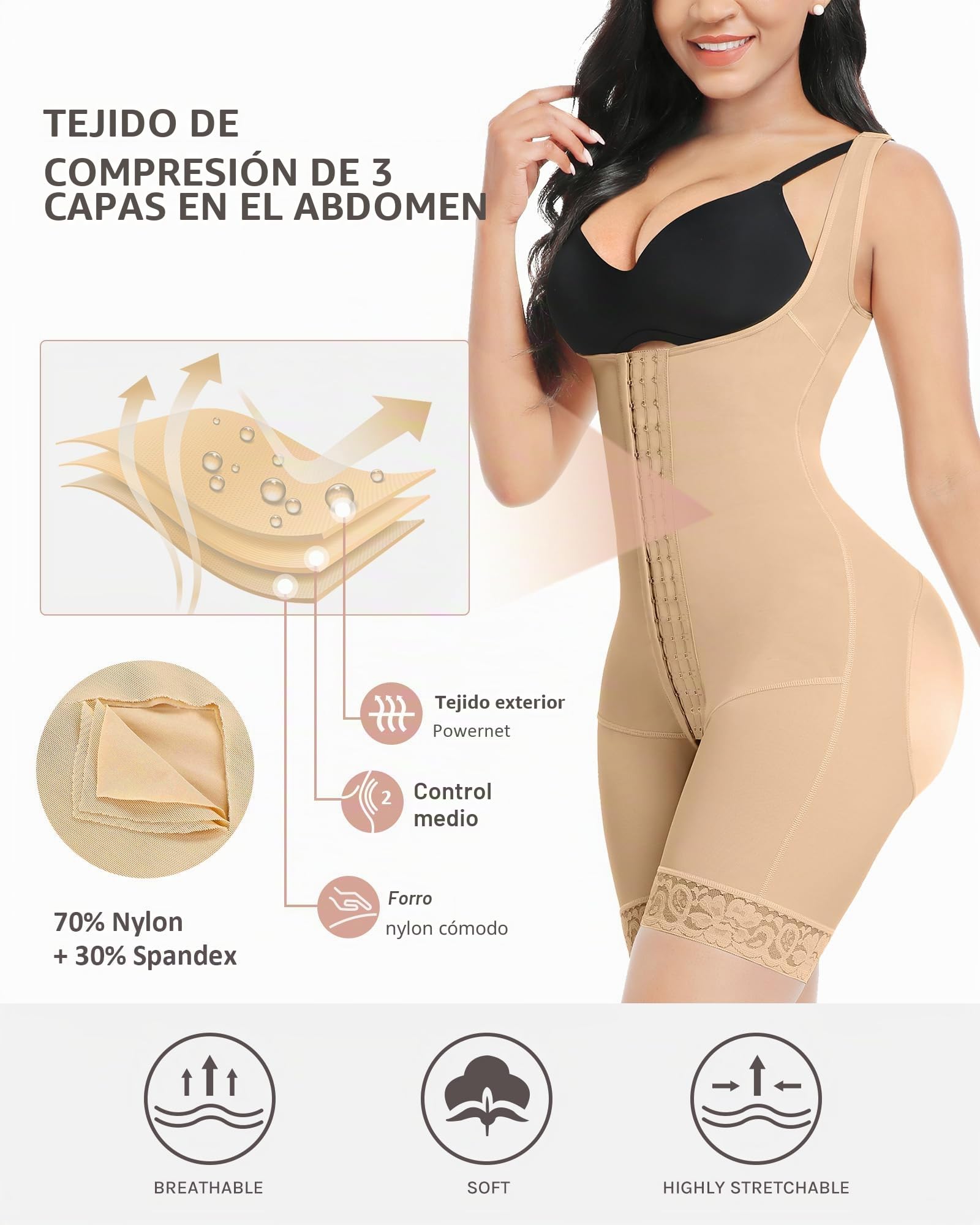 FeelinGirl Fajas Reductoras Mujer Fajas Abdomen Chaleco Corsé Abdominal Pantalones Moldeadores Cierre de Ganchos de 3 Filas con Tirantes Anchos Ajustables