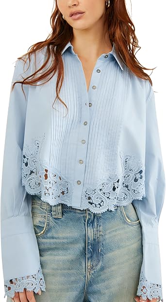 Esmeling Women Floral Lace Hollow Shirt Long Sleeve Button Down Cropped Top Casual Dressy Casual Blouses