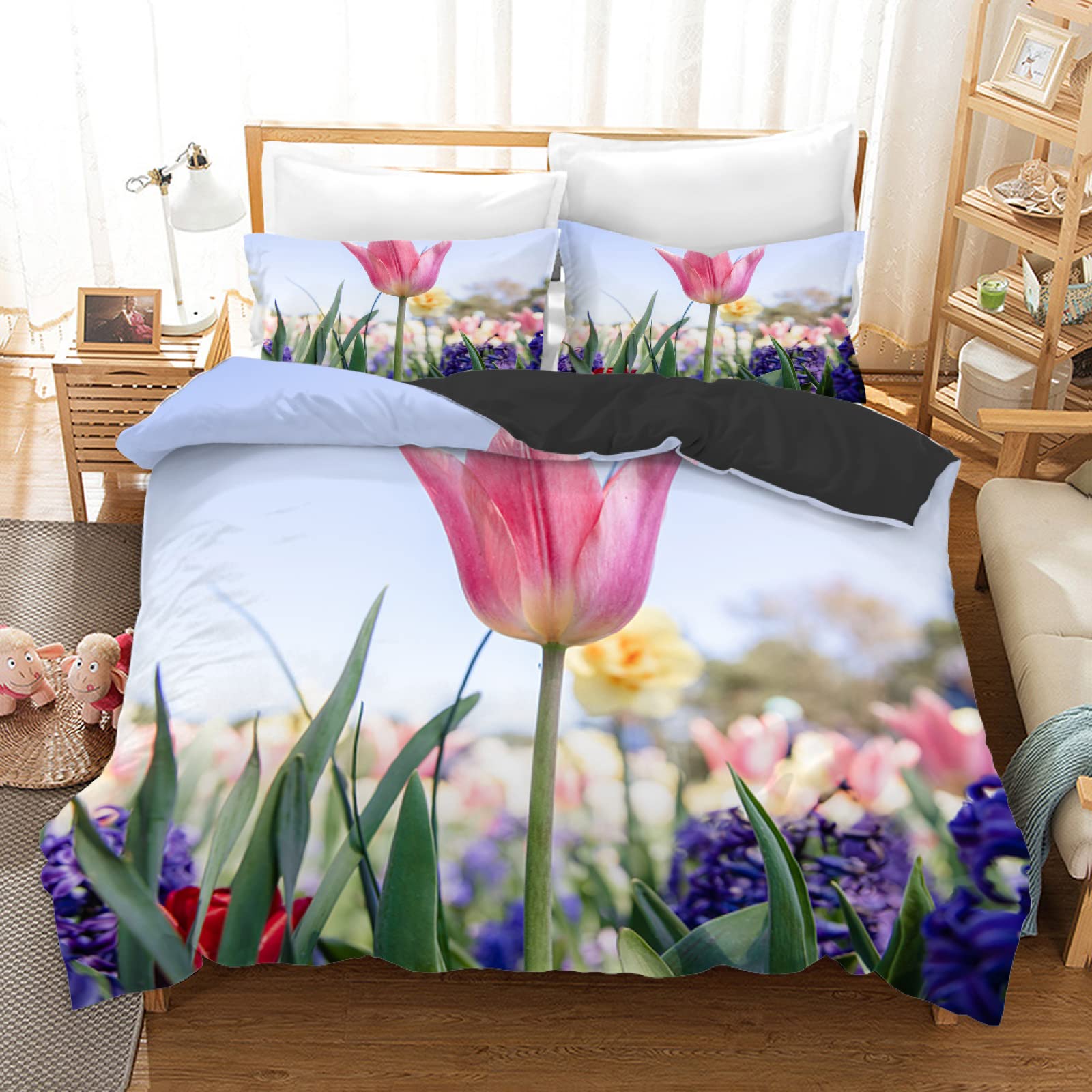 Housse de couette 160x200 microfibre fleurs roses avec taies d'oreiller 65x65