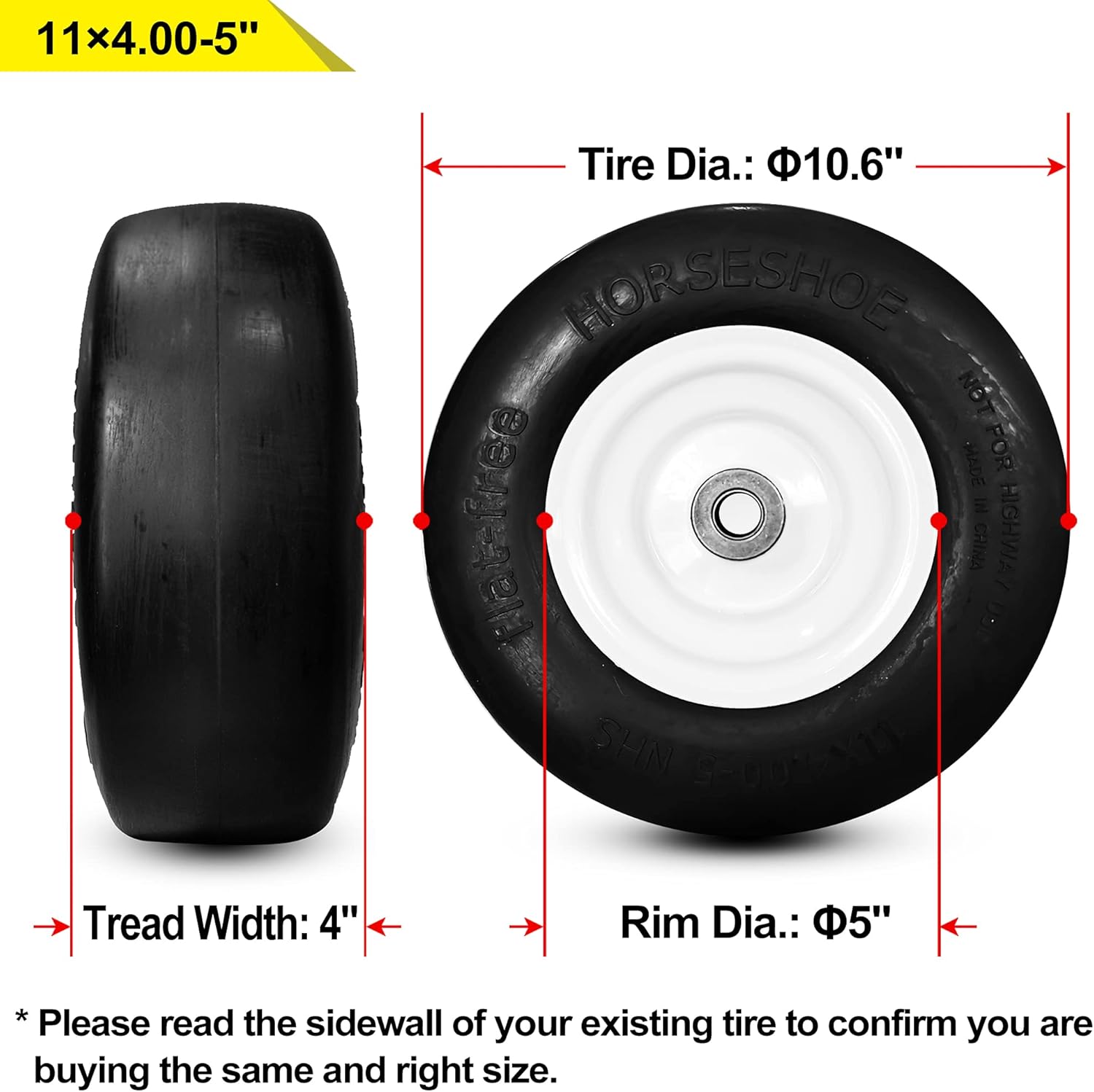 Horseshoe Two (2) New 11x4.00-5“ Flat-Free Lawn Smooth Tires w/Steel Rim for Zero Turn Lawn Mowers & Gardon Tractors 114005 T161, Hub 3", Bore 1/2"