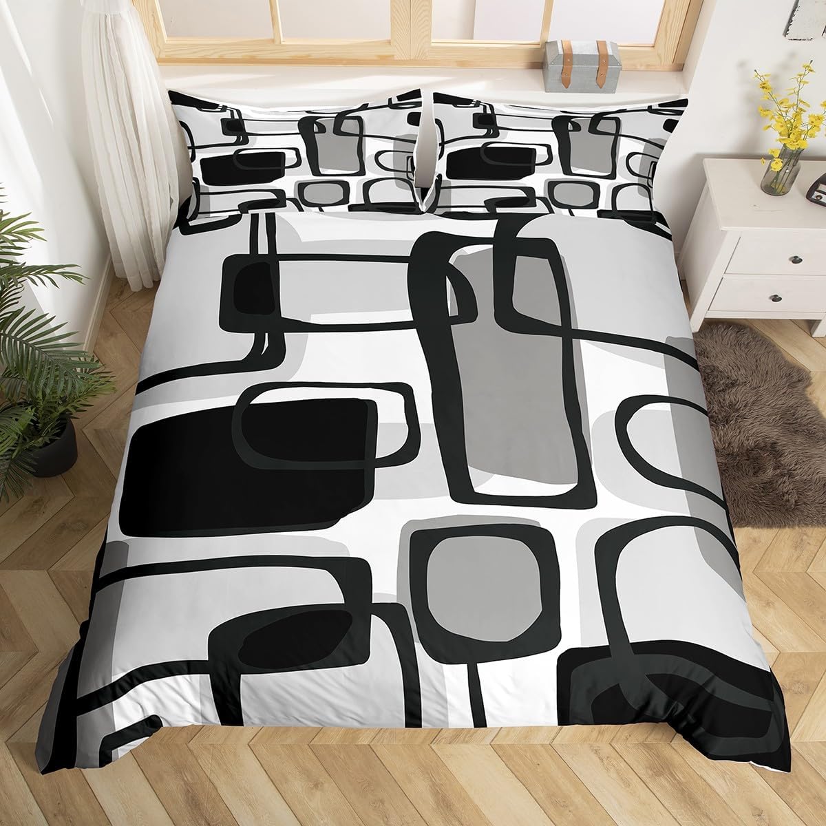 jejeloiu Grey Bedding Set Toddler Size Kids, Geometric Plaid Comforter Cover for Boys Girls, Modern Abstract Duvet Cover Soft Lightweight Microfiber,No Stuffing