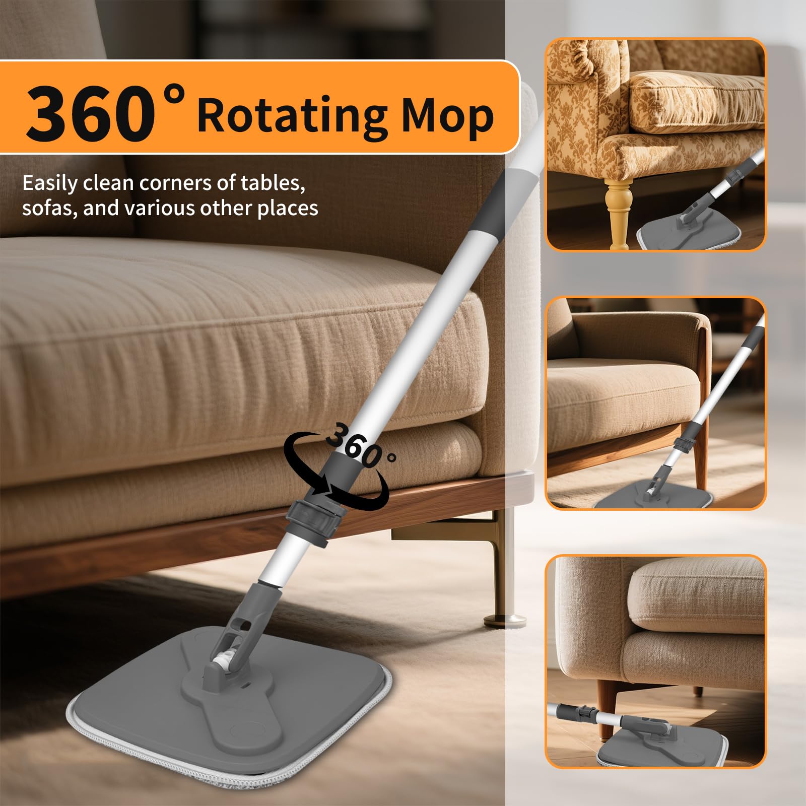 Mopa Fregona con Cubo Escurridor, 360 ° Rotación Telescópica Fregona Autoescurrible, Separación De Agua Limpia Y Sucia, Equipado con 2 Almohadillas Reutilizables, Adecuado para Una Variedad De Pisos