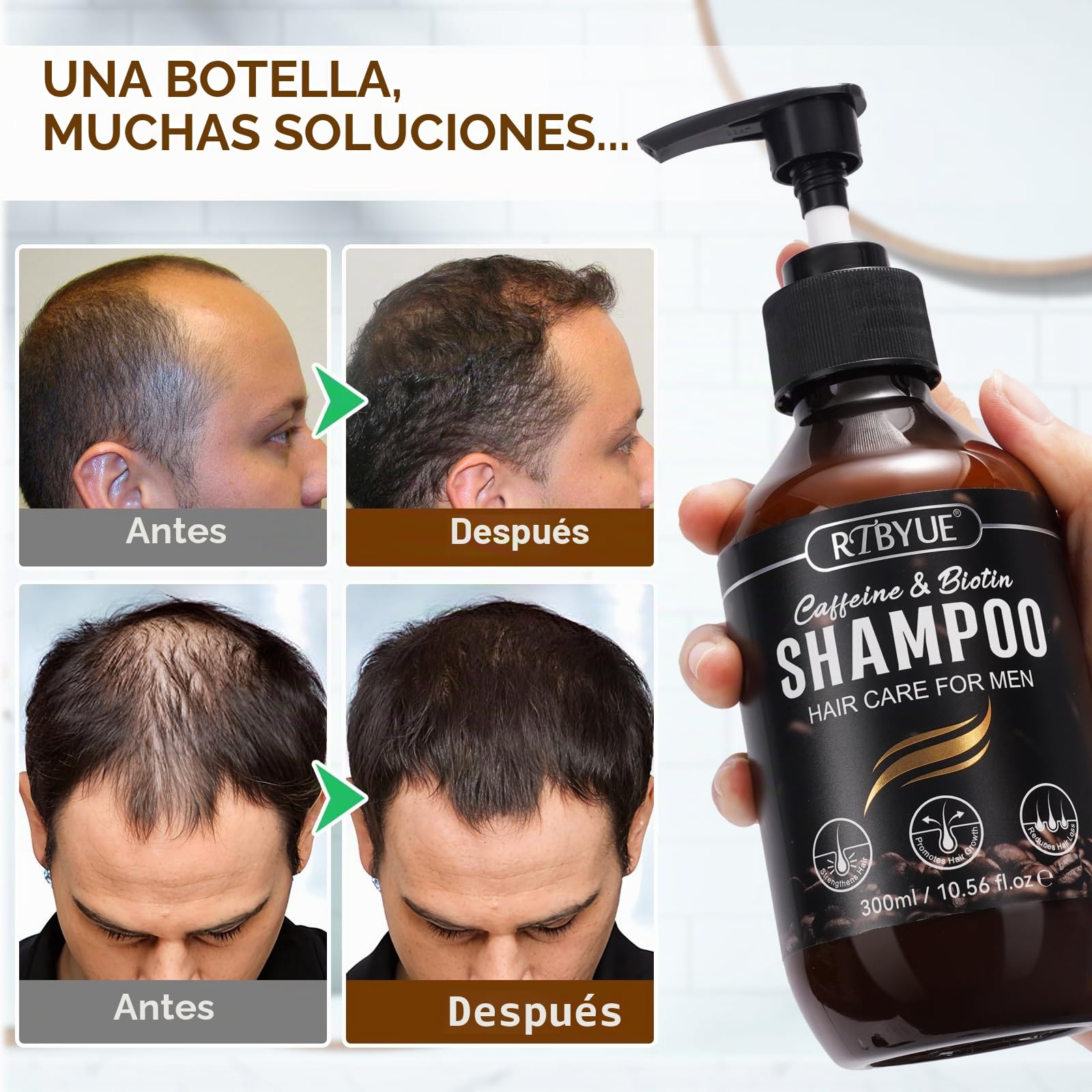 Champú de crecimiento capilar con cafeína, biotina y romero