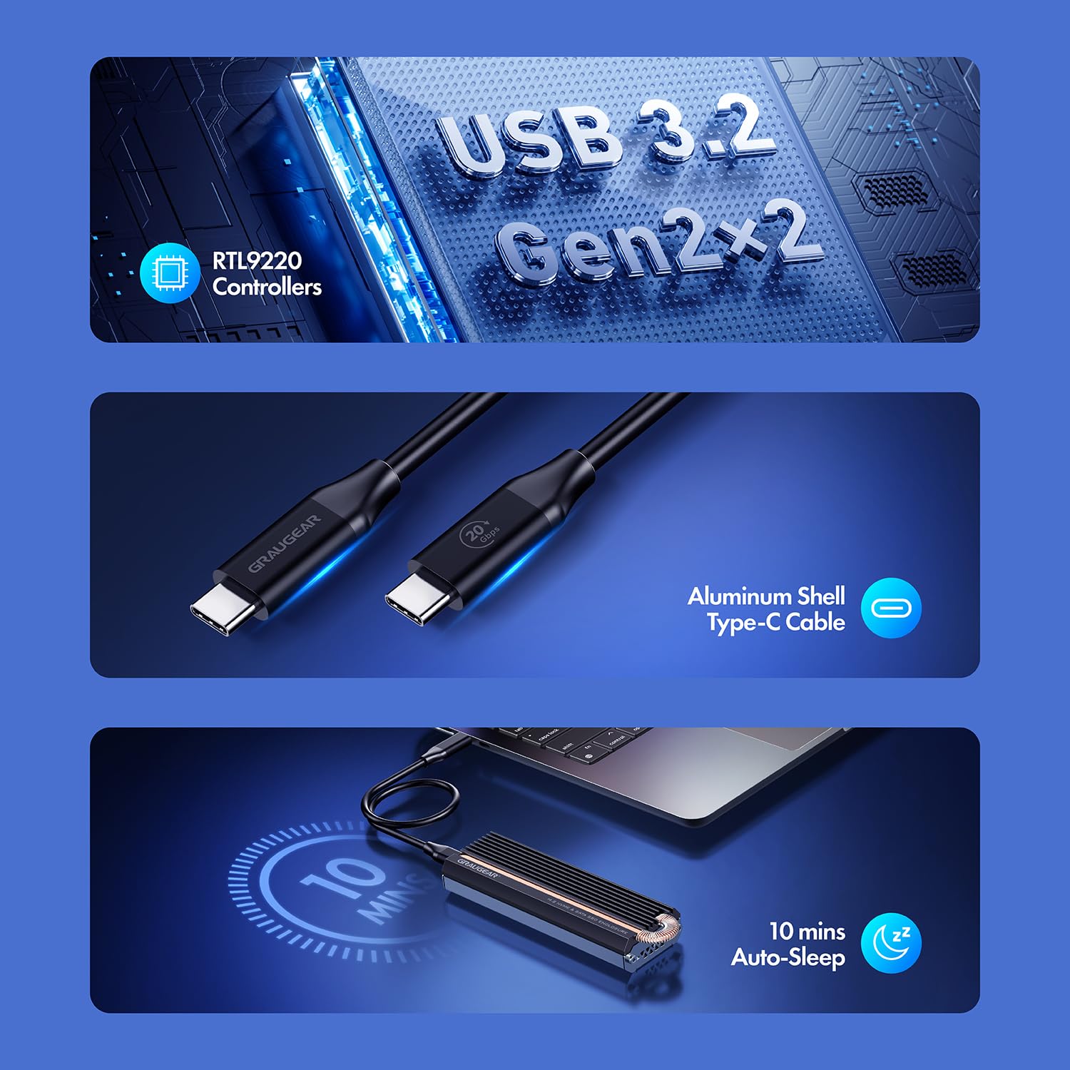 GRAUGEAR Obudowa 20 Gbit/s do M.2 NVMe i SATA SSD, USB3.2 Gen2x2 20 Gb/s, obsługuje M.2 2280/2260/2242/2230, chłodzenie Heatpipe, bezgłośne chłodzenie