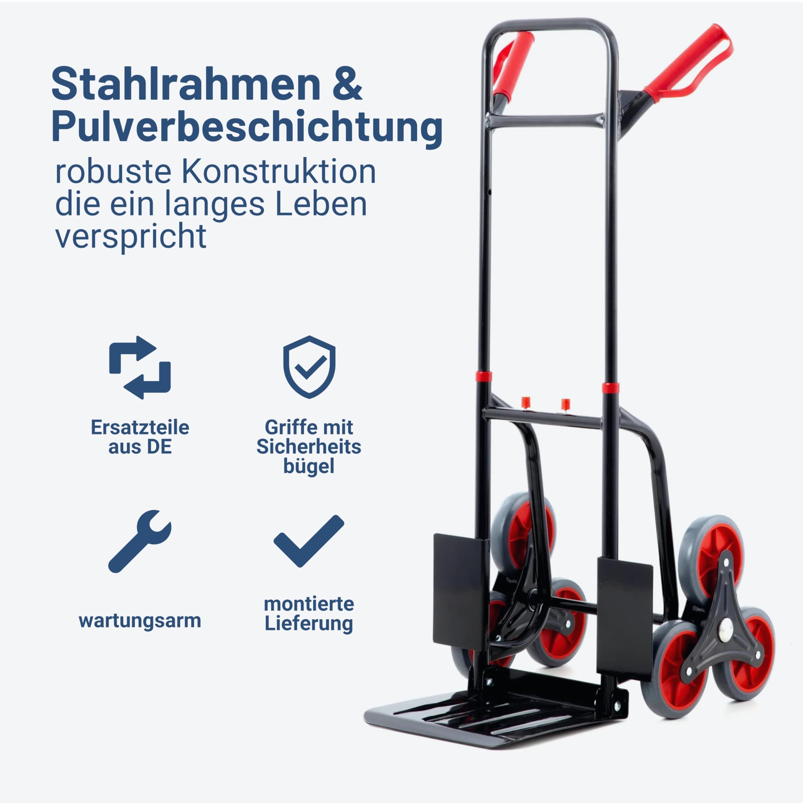 Pallit Sackkarre klappbar & höhenverstellbar [120kg] - ergonomische Treppensteiger-Transportkarre Diablo-FS aus Stahl mit 3-Räder-System als Treppensackkarre, Schubwagen oder Holztransportkarre