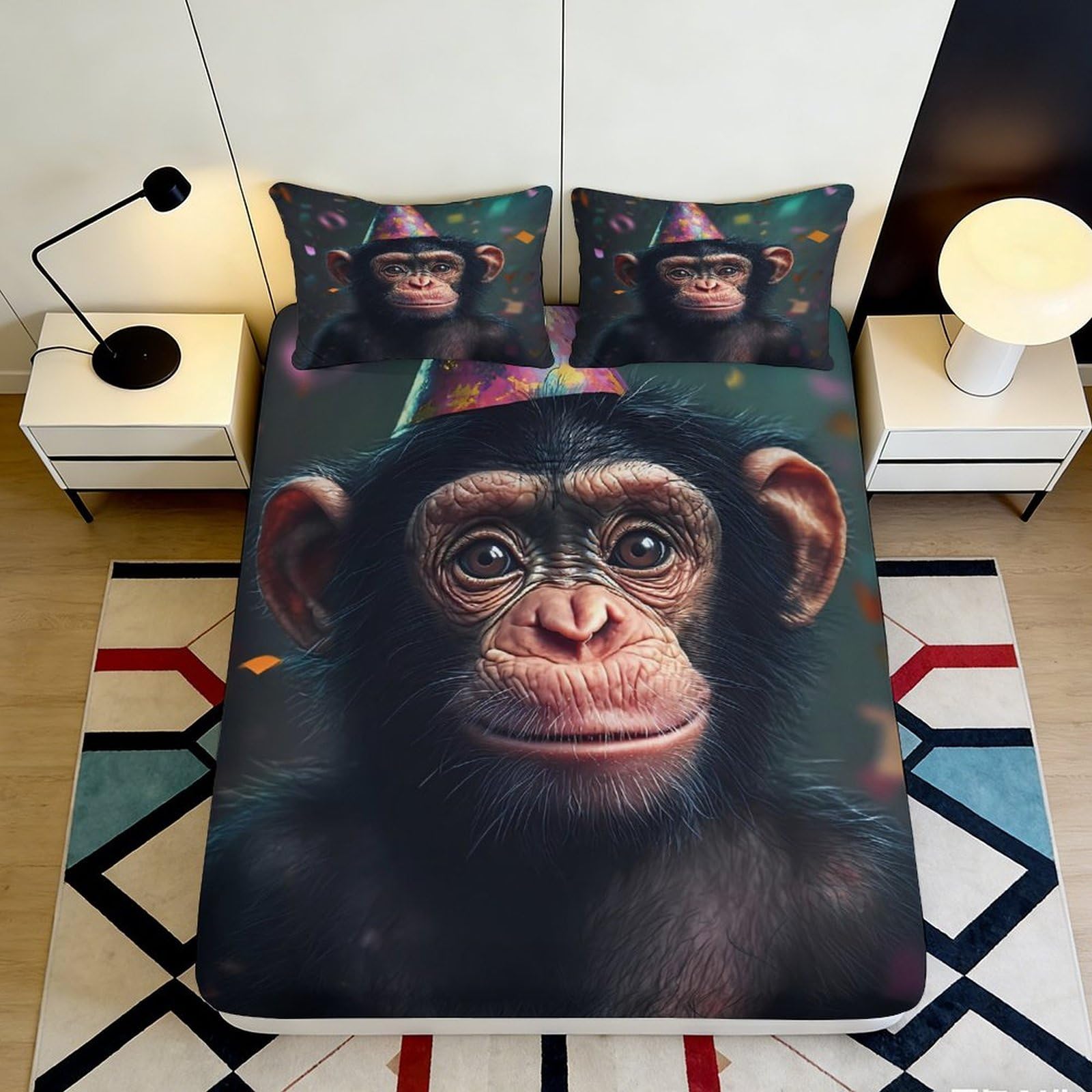 3D Printed Party Chimpanzee Fitted Sheet Microfiber Soft Breathable Animal Theme Mattress Cover for Bedroom Dorm Decor 90x200x25cm