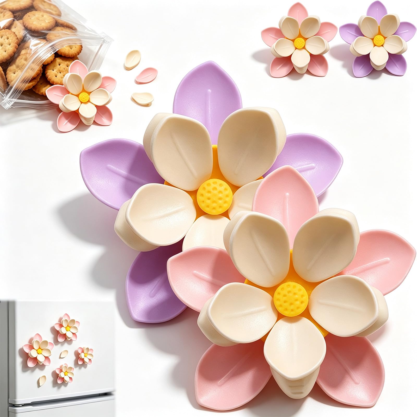 Fridge Magnets Food Bag Clips, Cute Lotus Flower Fridge Magnet Chip Clips, Magnetic Bag Clips, Lotus Petal Food Sealing Clips, for Snack Bags Kitchen Office and Home Decor，2Pcs-Mix