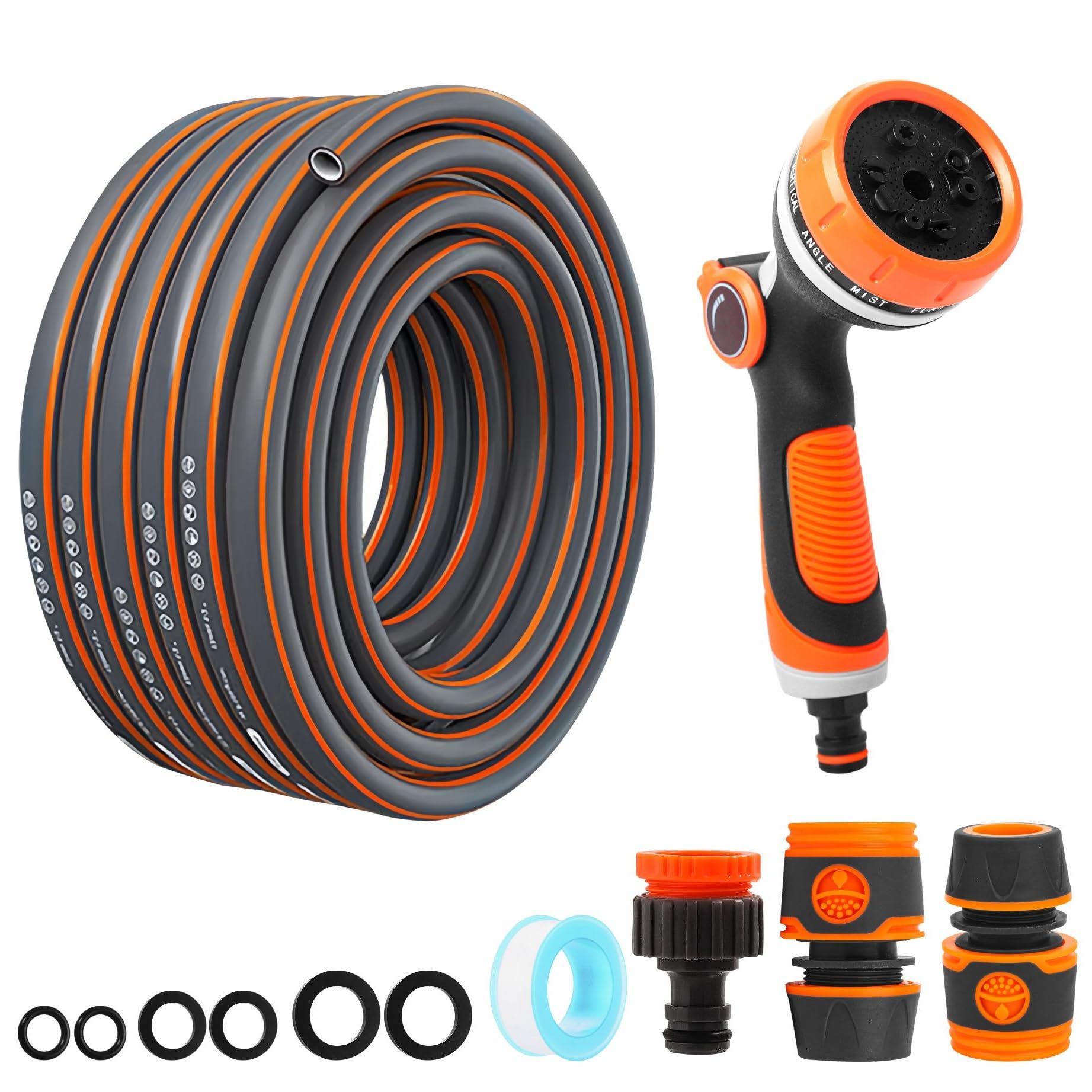 Garden Hose Pipe Connection Kit - 10m Reinforced Water Hosepipe with 10 Function Spray Nozzle Tap Hose Connectors, Long Hosepipe with 3/4" & 1/2" Adapters, Tap Connectors for Reel, Cart, Sprayer