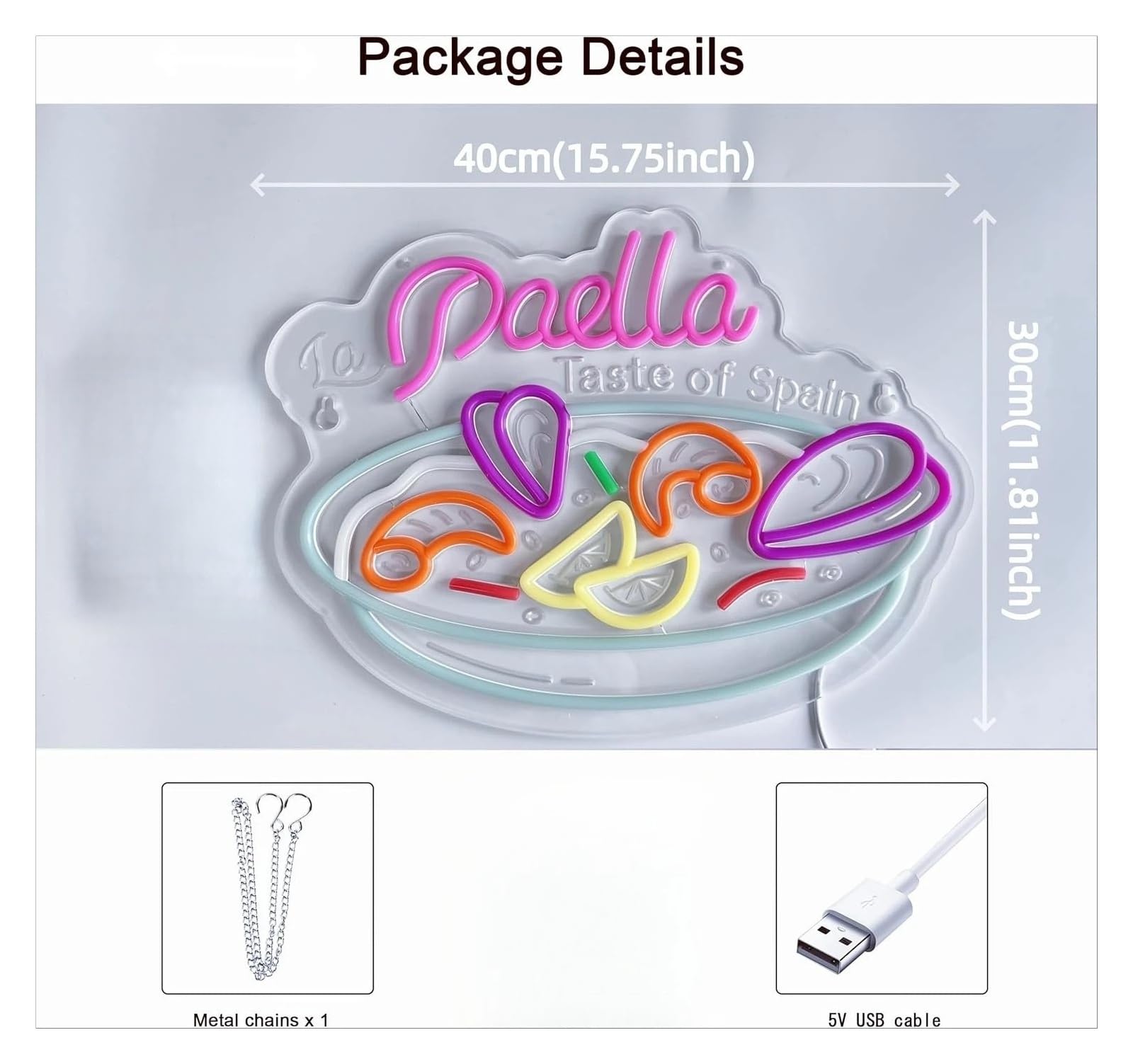 Hängende Kunst-Leuchtreklamen Paella-Neonschild, USB-dimmbares LED-Licht für Restaurant, Snack-Shop, Küche, Essensliebhaber, Party, Wandkunst, Dekoration, 15.75x11.81in