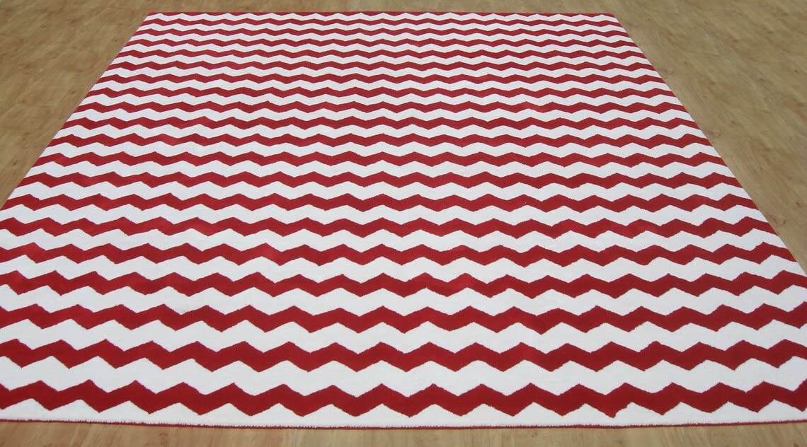 Artisan Rugs Chevron Zig-Zag Red/White Modern Hand-Tufted 100% Wool Handmade Area Rug Carpet for Home, Bedroom, Living Room, Dining Room, Any Room Rugs 9' x 12' Ft.