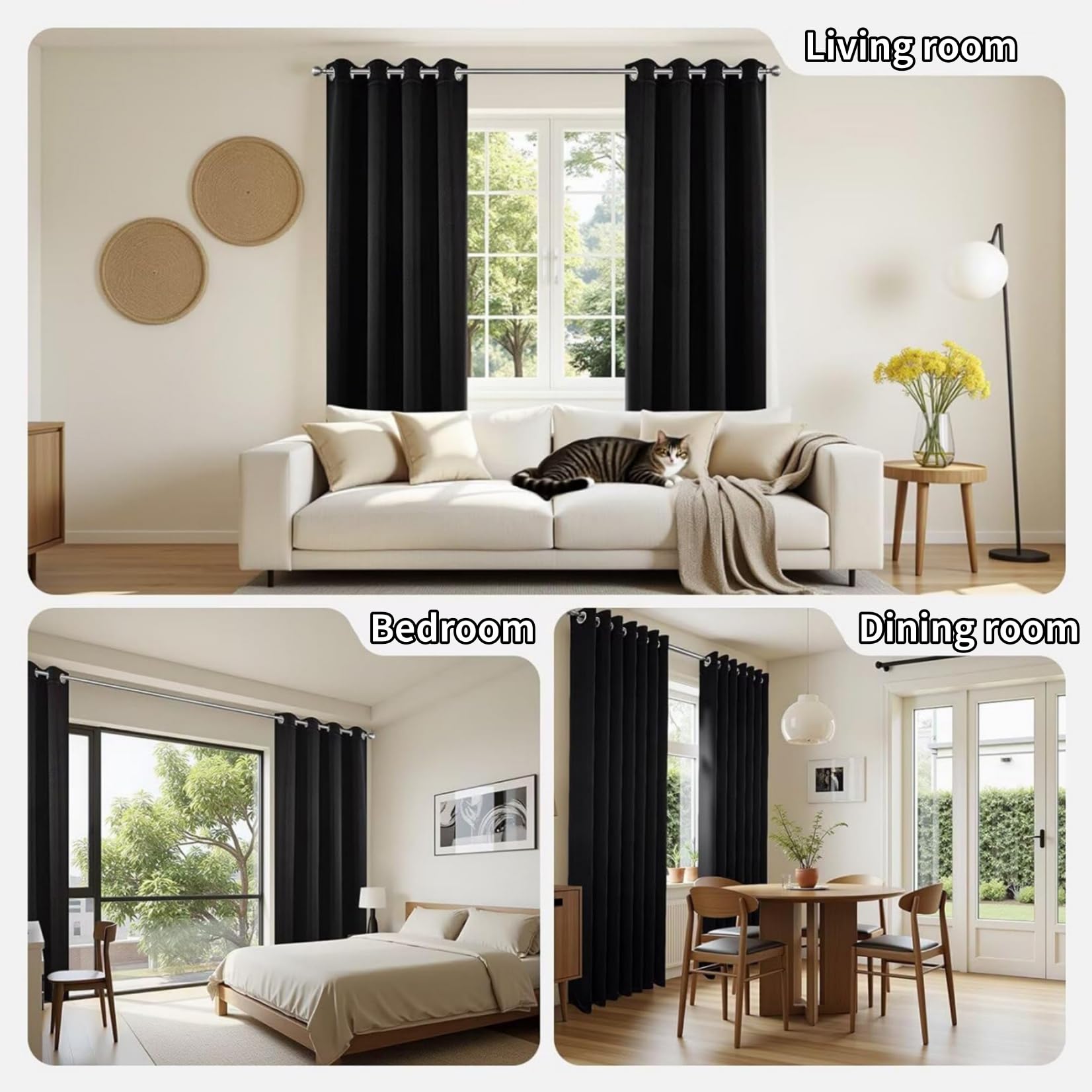 Verdunklungsvorhänge 210 x 220 cm Wärmeisolierend Kälteschutz Wohnzimmer Vorhänge Weiche, Gegen Kälte Und Hitze, Waschbar für Hotels Büros Schlafzimmer, Schwarz
