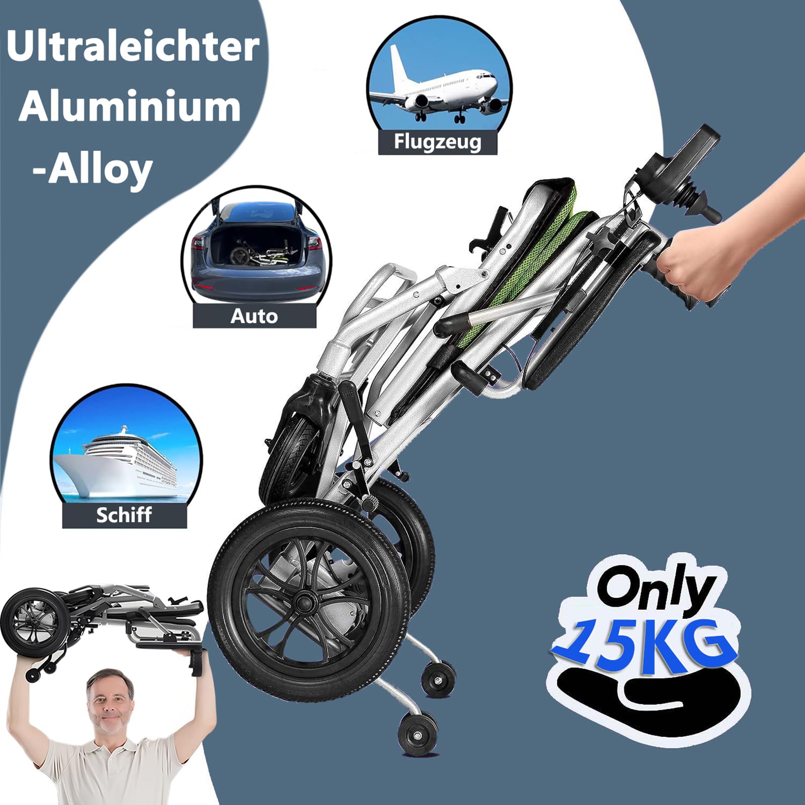 AMITD Elektrischer Rollstuhl Faltbar Leicht Luftfahrt-Zertifizierung 15 kg 20 km bis 120 kg Elektrorollstuhl mit Doppelsteuerung Herausnehmbar Li-Akku Intelligente Bremse, für Indoor Outdoor Reise