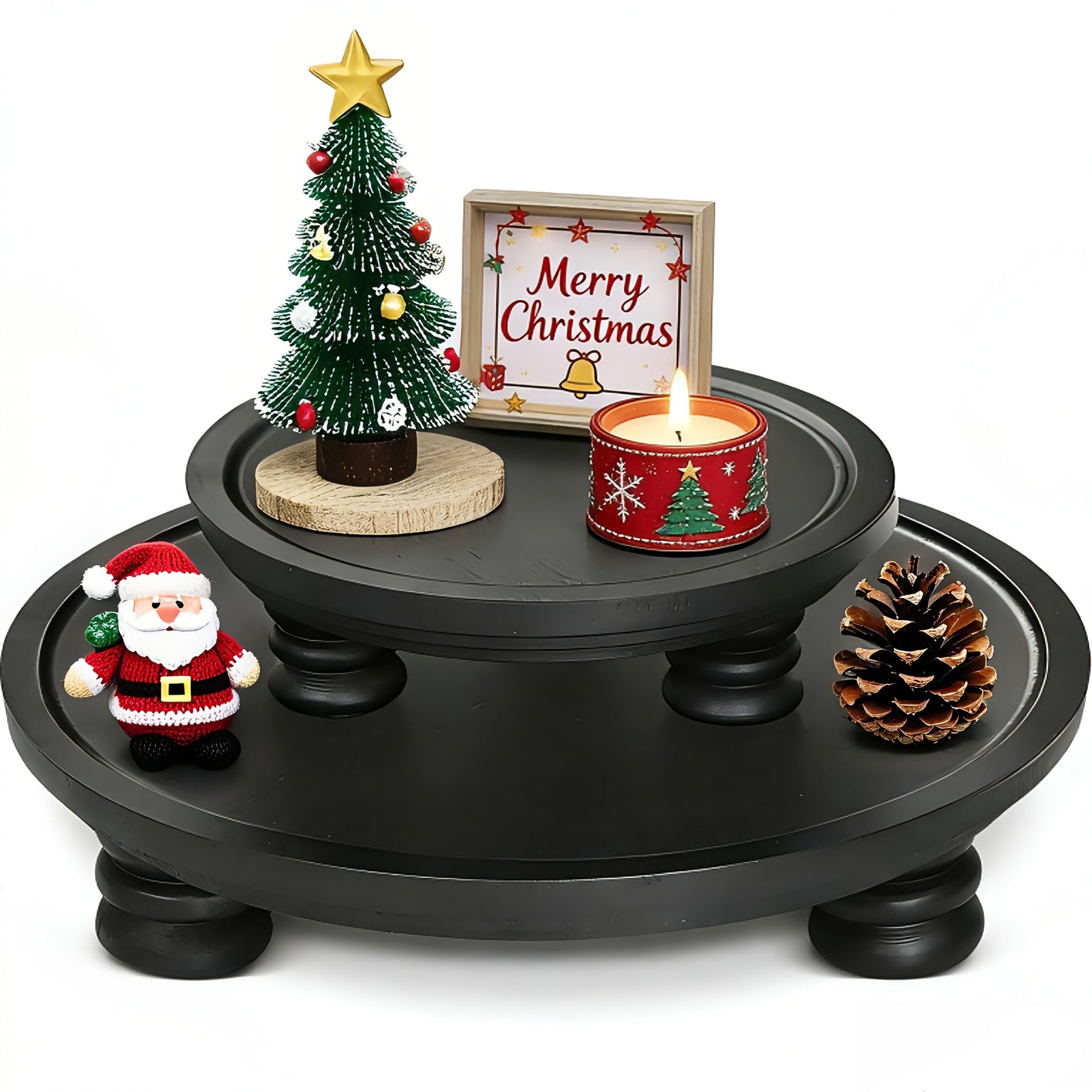 2 Pcs Wooden Risers for Display, Round Wood Tray Decor, Farmhouse Pedestal Stand Decor for Indoor, Rustic Decorative Display Stand for Kitchen Counter Decor, Decorative Cake Holder Plate