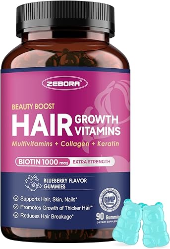 ZEBORA Vitaminas para el crecimiento del cabello con biotina, queratina y colágeno, gomitas de biotina con mezcla de apoyo de belleza para cabello,