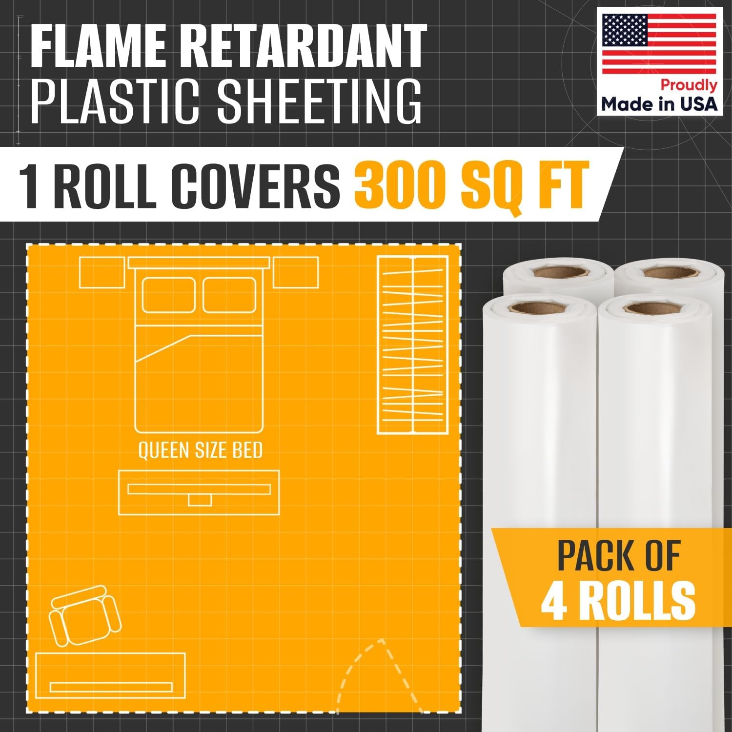 Flame Retardant Plastic Sheeting 6' x 50' (1200 Sq Ft), Pack of 4 – USA-Made Heavy-Duty 4 mil LDPE Plastic Tarp for Welding, Painting & Construction – Fire-Rated, Waterproof, Tear-Resistant